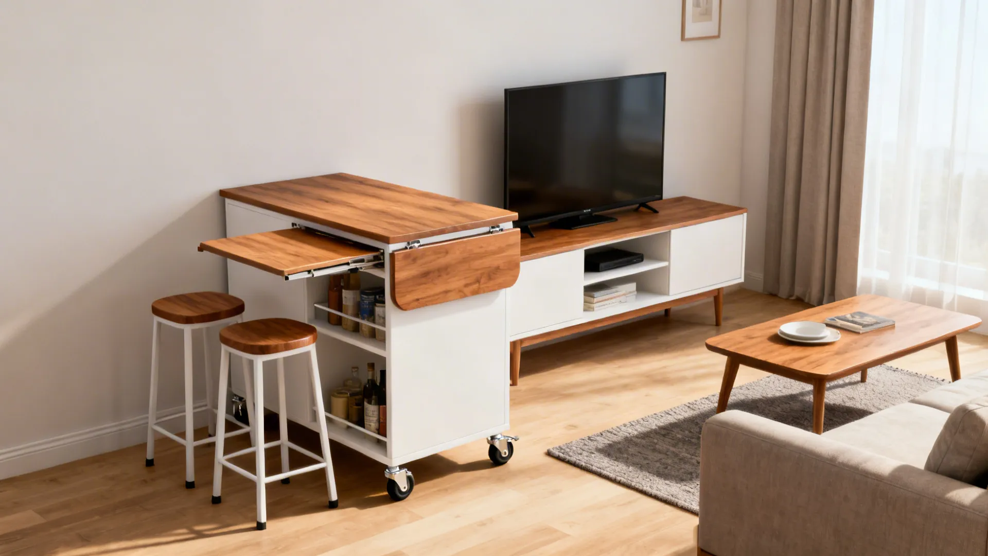 White kitchen island cart with wooden top and stools next to a modern television stand