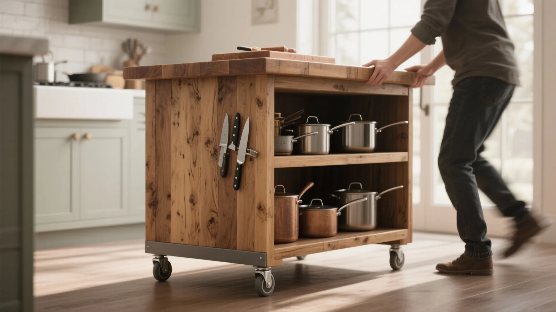 2. Butcher block kitchen island on casters