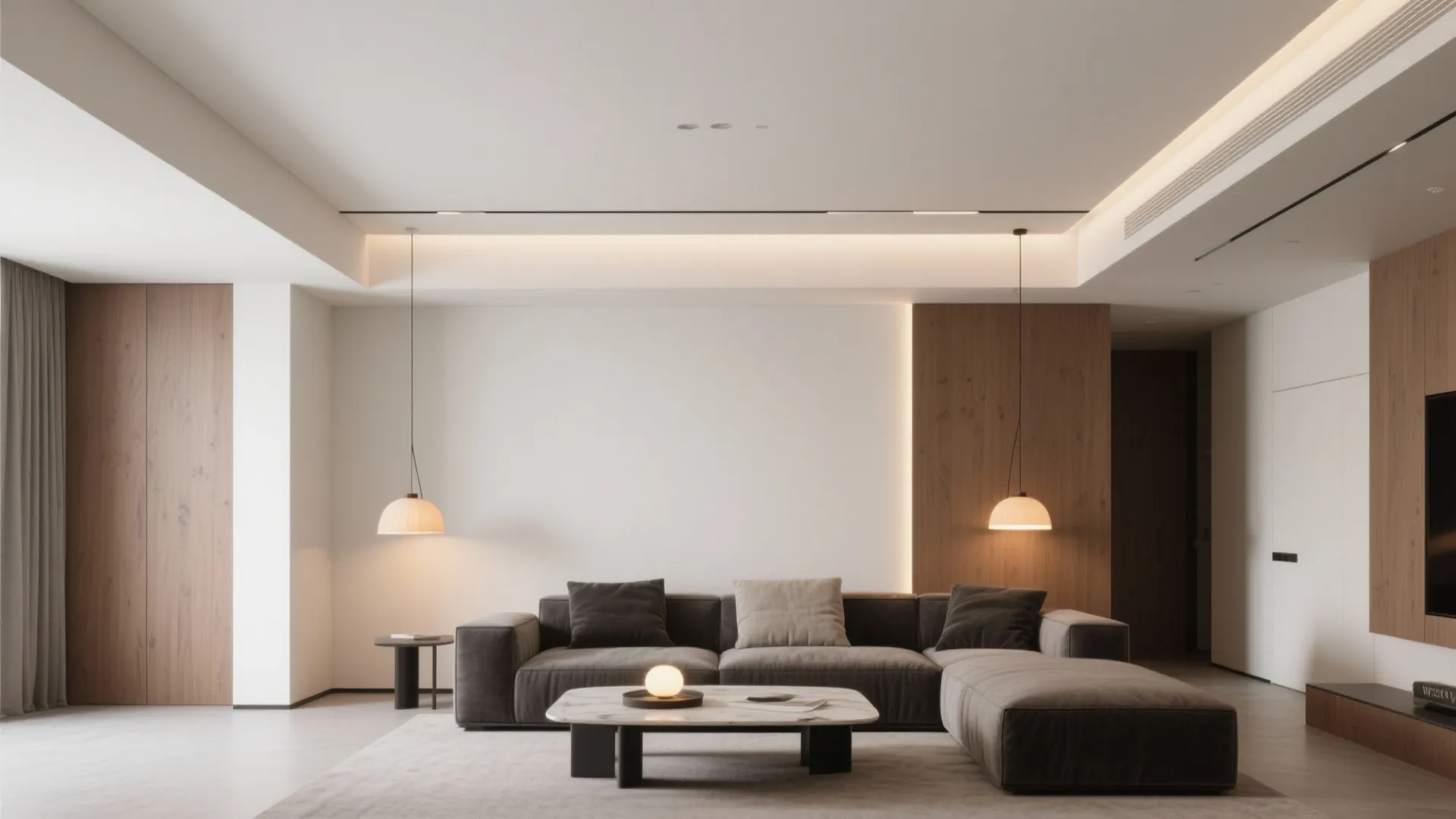 Floating “island” ceiling that zones the seating area