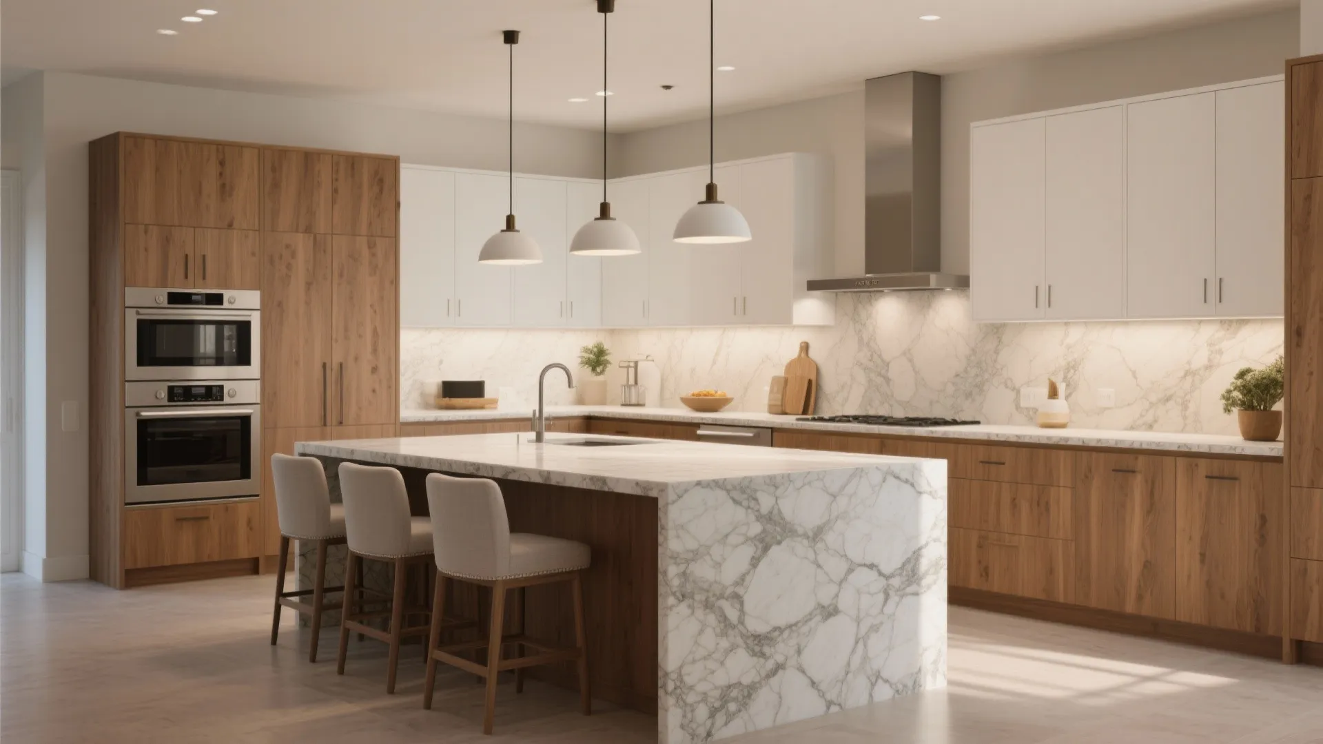 Spacious kitchen featuring a large marble island counter with stools and warm wood storage cabinets