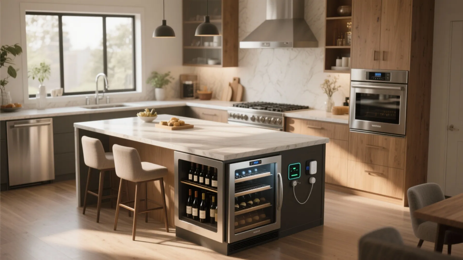 Kitchen with central island, wine fridge and seating