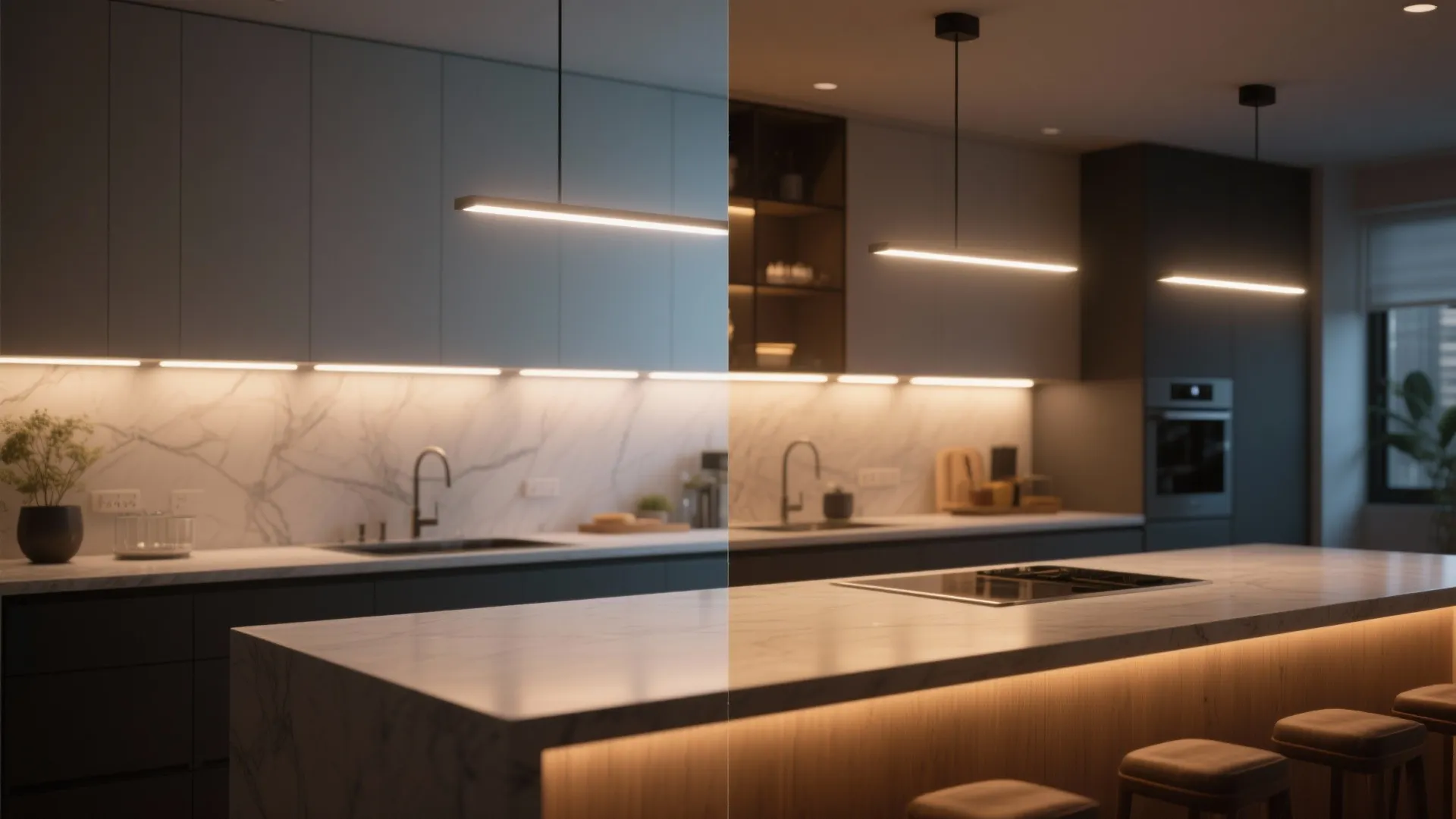 Kitchen island centered under a linear run of recessed lights, showing both bright and dim moods.