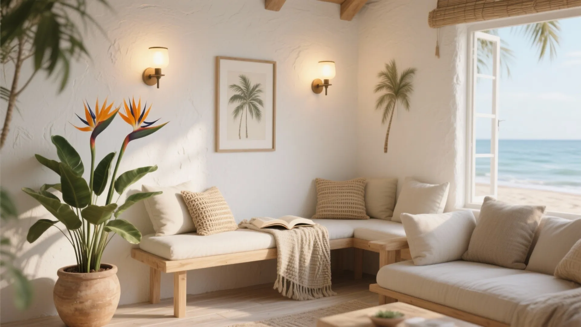 Tropical living room with white walls wooden benches palm tree artwork and window viewing ocean