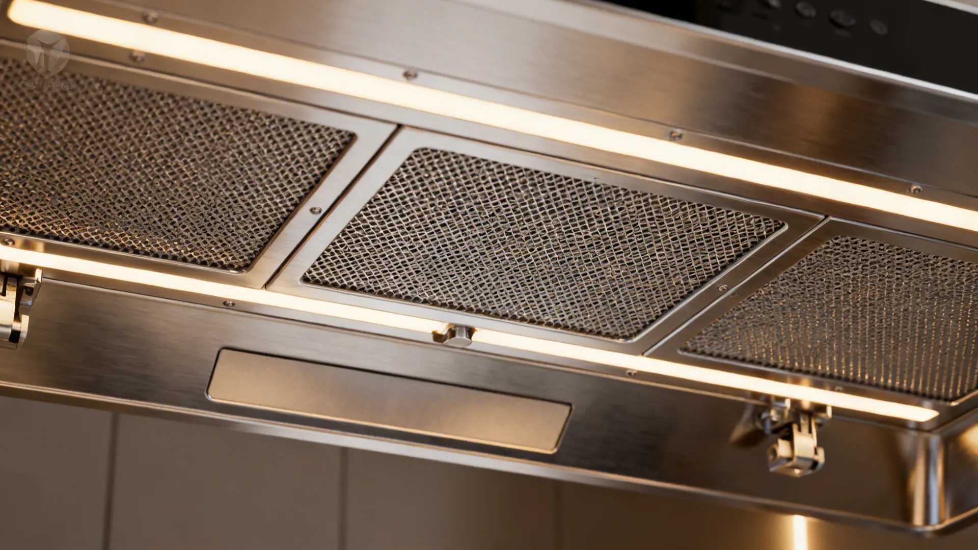 Close-up of a stainless steel kitchen hood with mesh filters and bright LED light strips