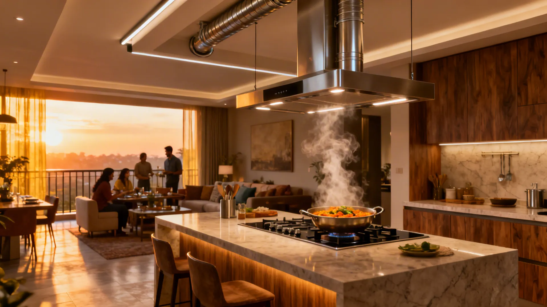Modern kitchen island with large vent hood above a stove showing steam rising at sunset