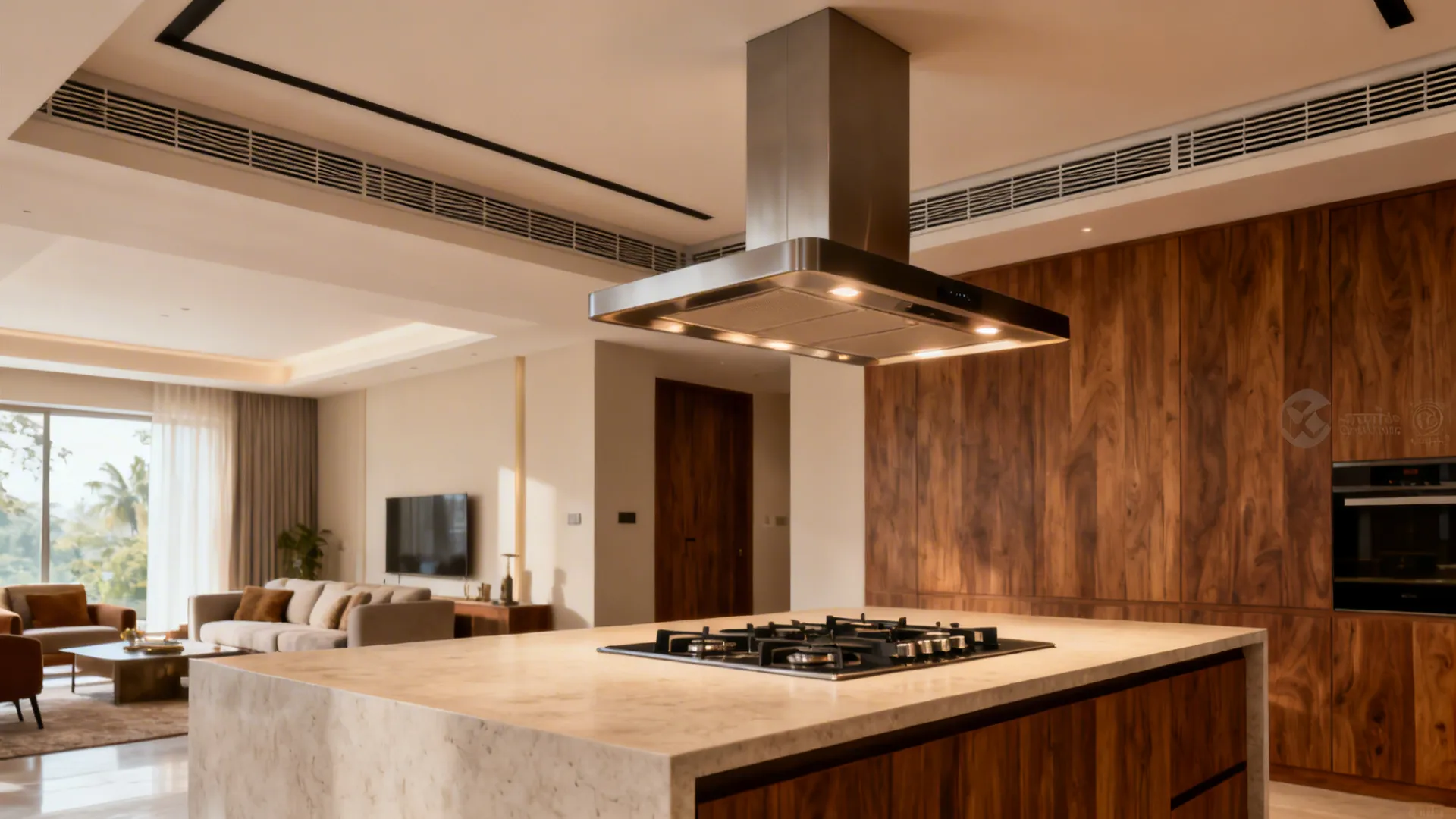Premium island chimney with broad canopy over a peninsula in an open-plan home.