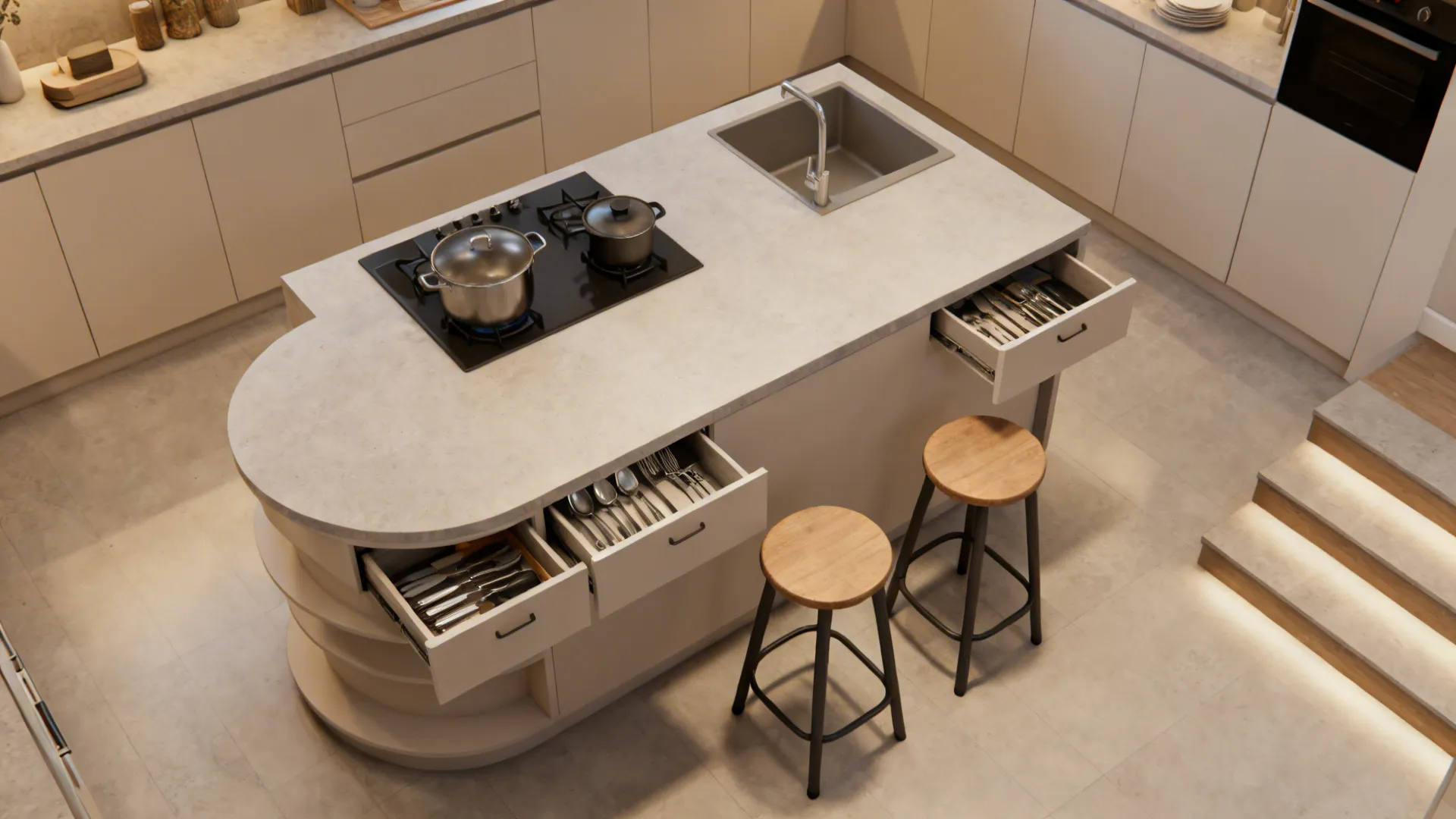 Top-down view showing clear circulation and seating around a two-tier island.