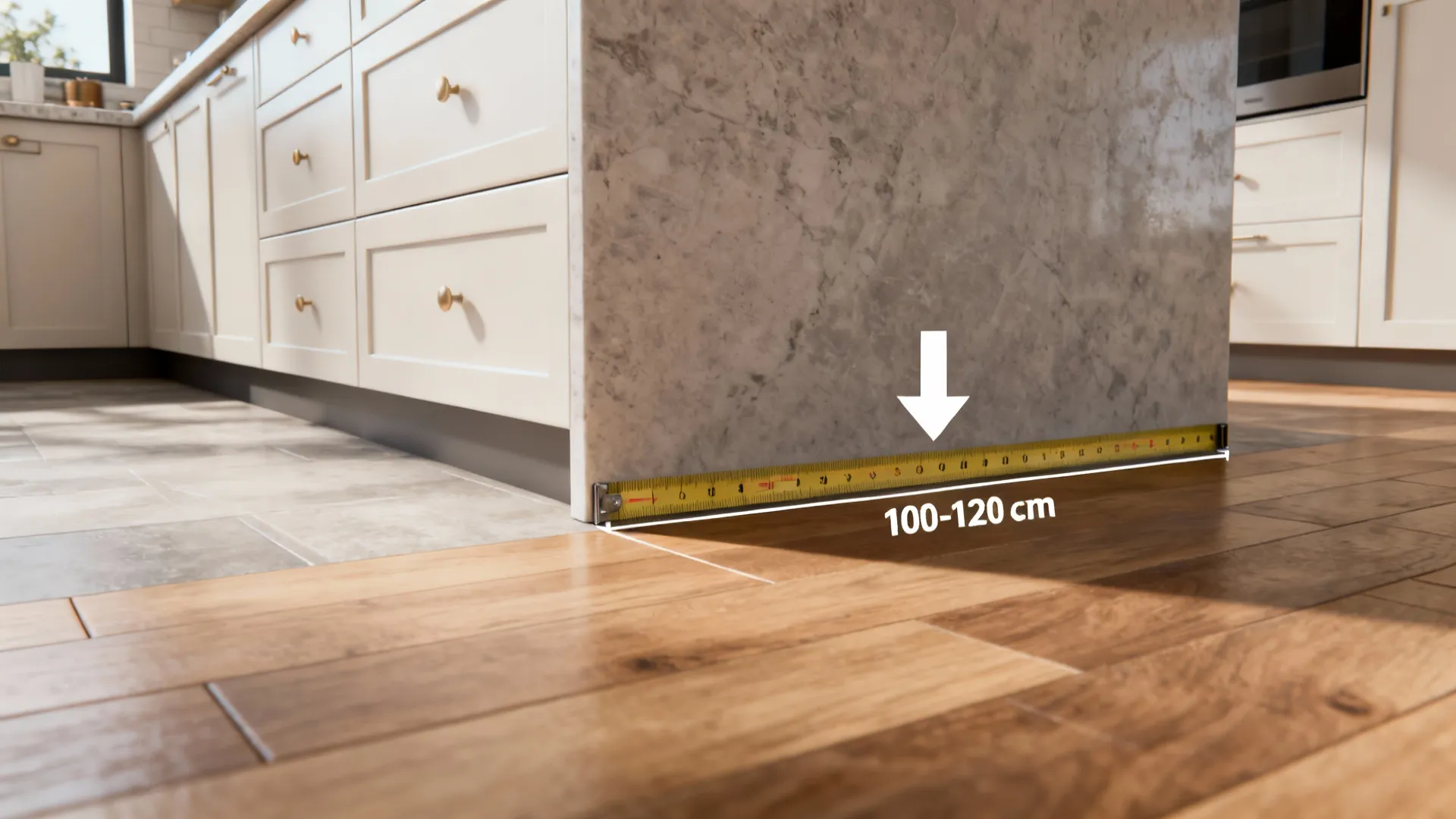 Measuring tape showing recommended 100–120 cm clearance between island and cabinets