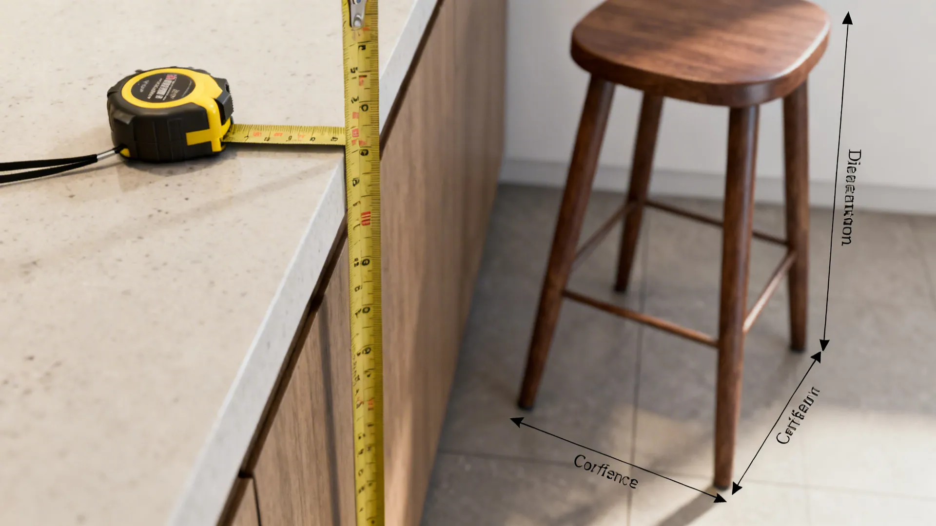 Close-up showing tape measure and clearance markers illustrating island spacing and overhang guidelines.