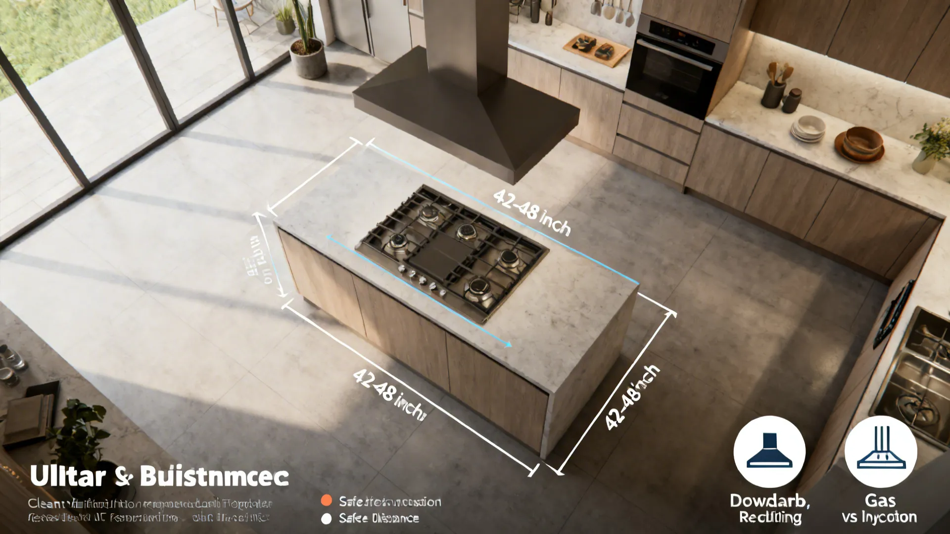 Top-down kitchen layout infographic showing clearances, ventilation options, and gas vs induction notes