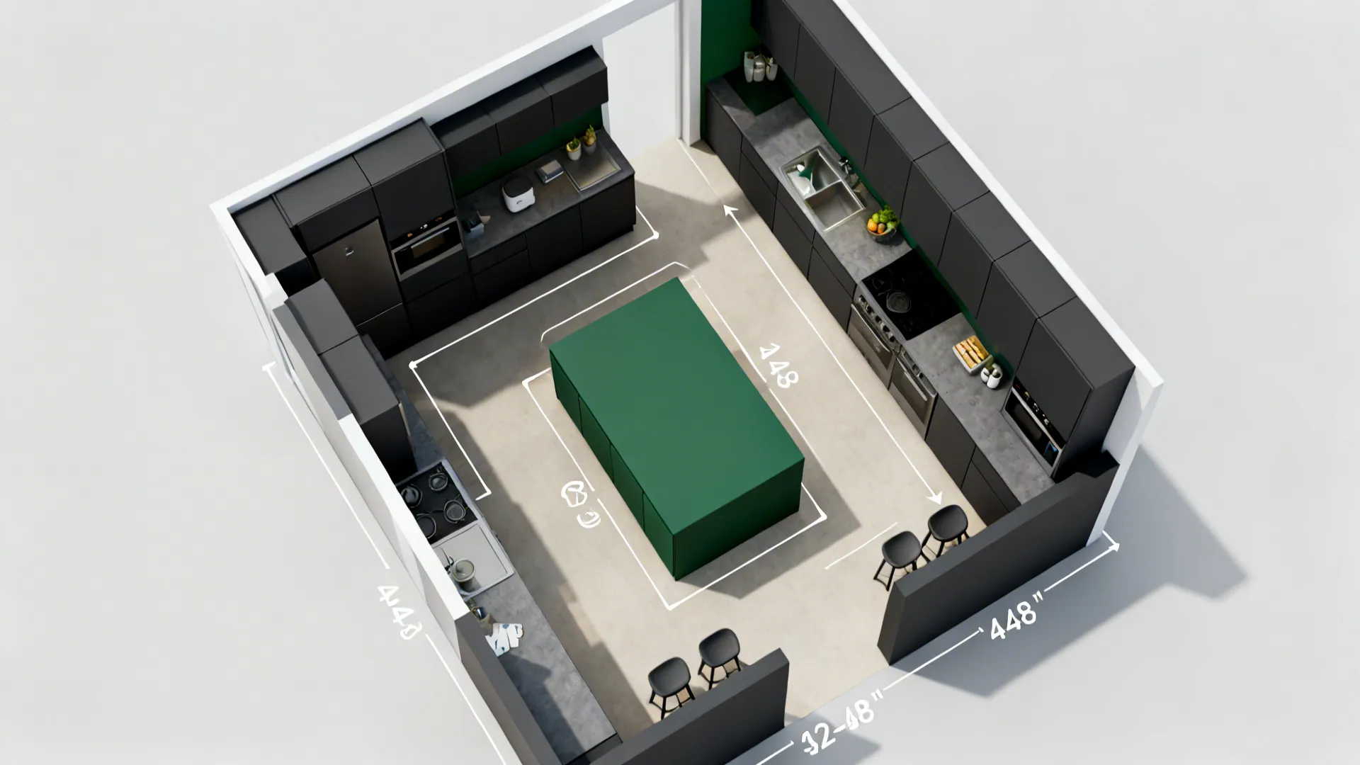 Top view interior design drawing of a black kitchen layout showing dimensions around green island