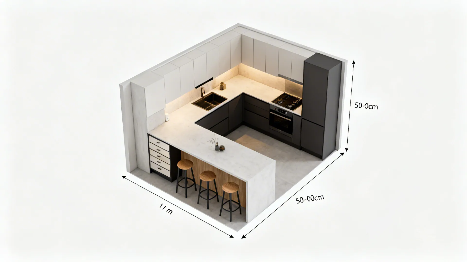 Top-down visualization of island layout with 1 m clearances and seating positioned away from traffic paths.