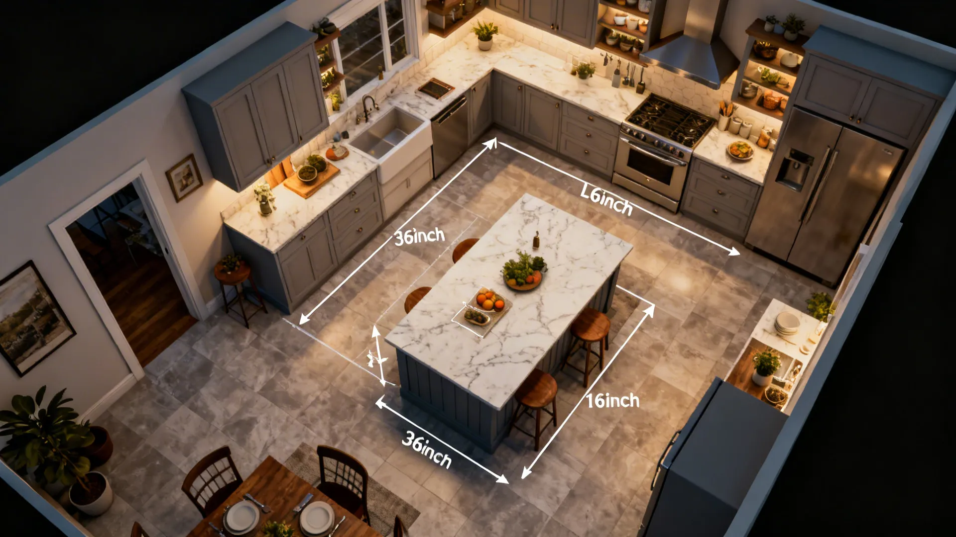 Top-down rendered floor plan showing island clearance and circulation in an L-shaped kitchen with measurement annotations.