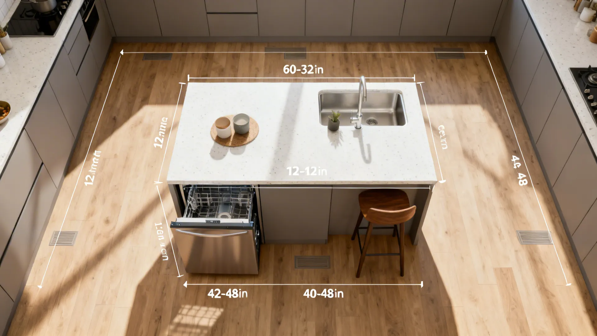 Top-down view of a small kitchen showing island sizes, overhang, and clearances with an open dishwasher.