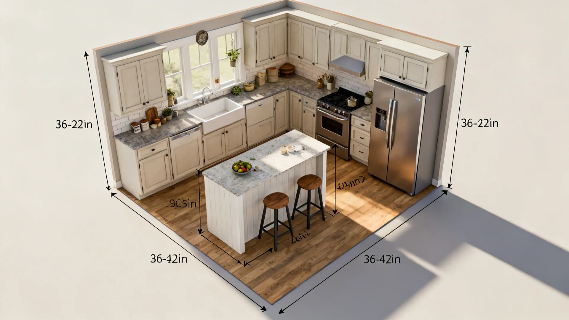 4) Narrow island with integrated seating for two