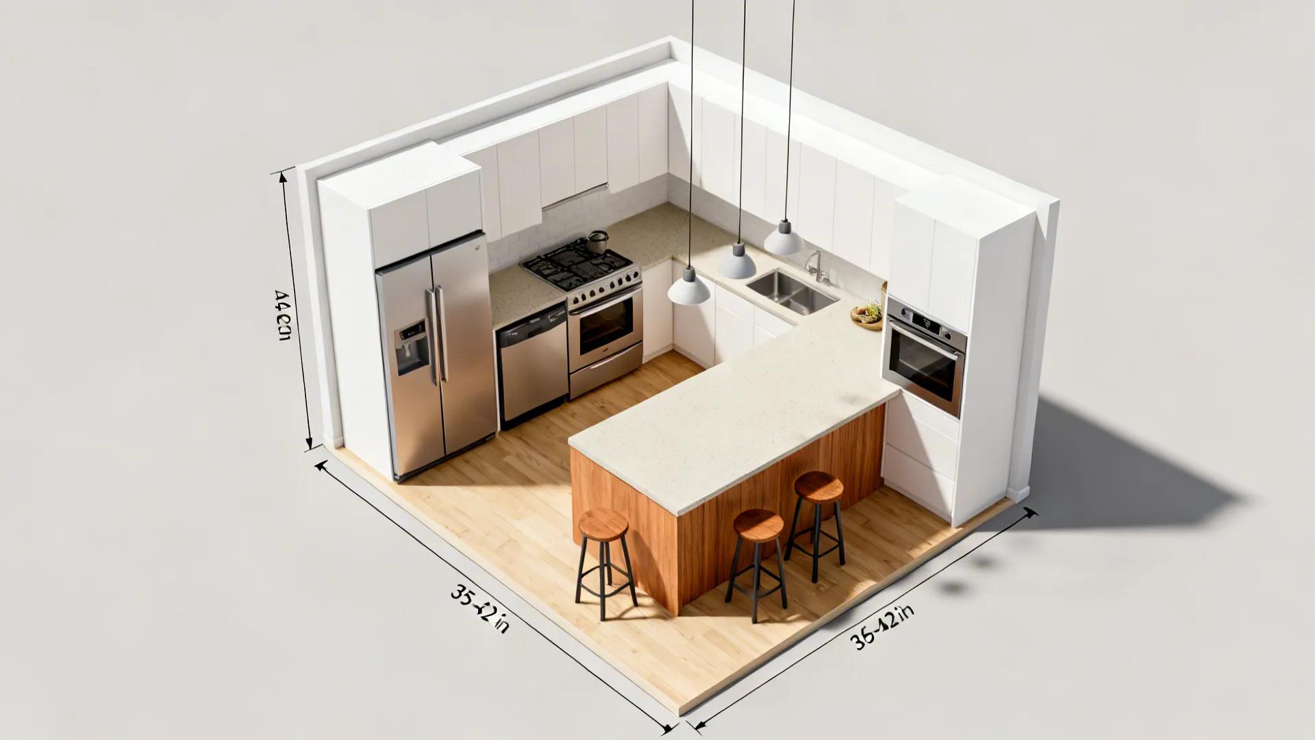 Top-down view showing recommended clearances and door swings around a small kitchen island.