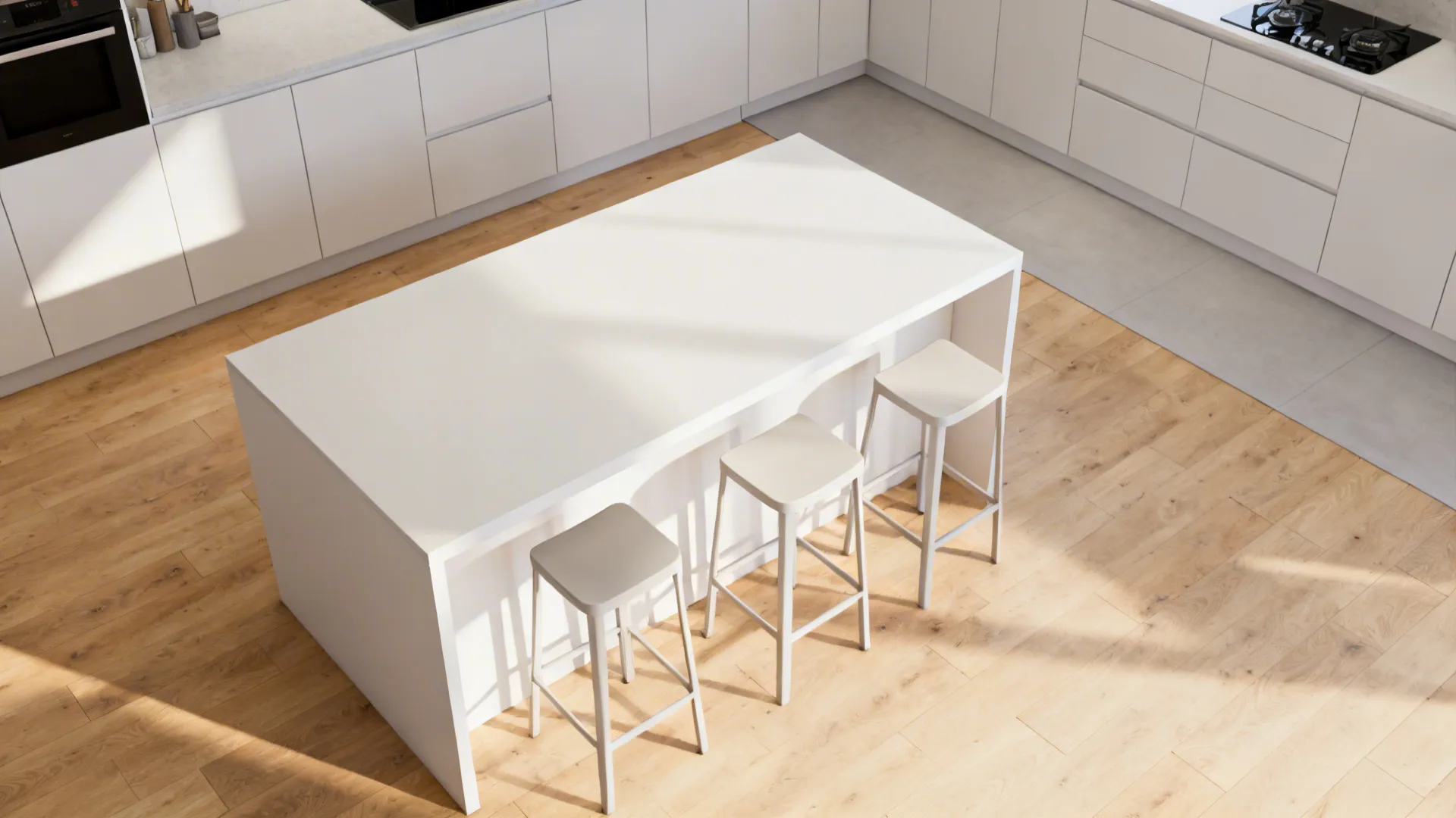 Top-down kitchen view showing stool overhang and clear walkways around the island.