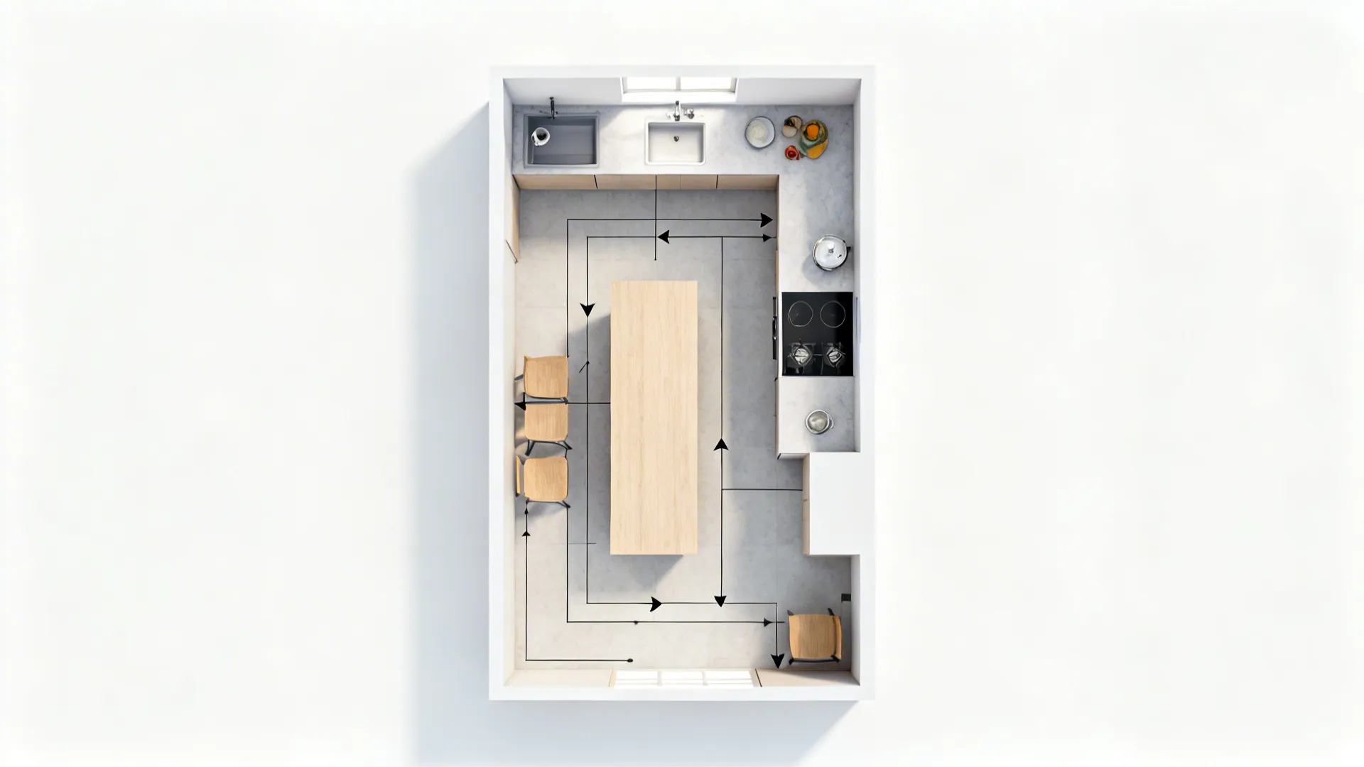 Top view interior design drawing of a kitchen layout with sink stove island and black arrows