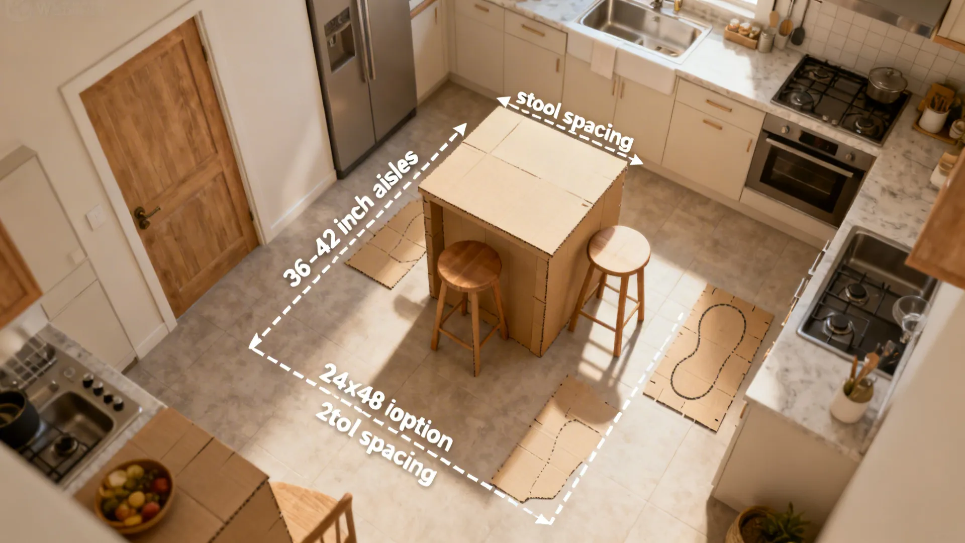 Top-down plan showing small kitchen island clearances and stool spacing.