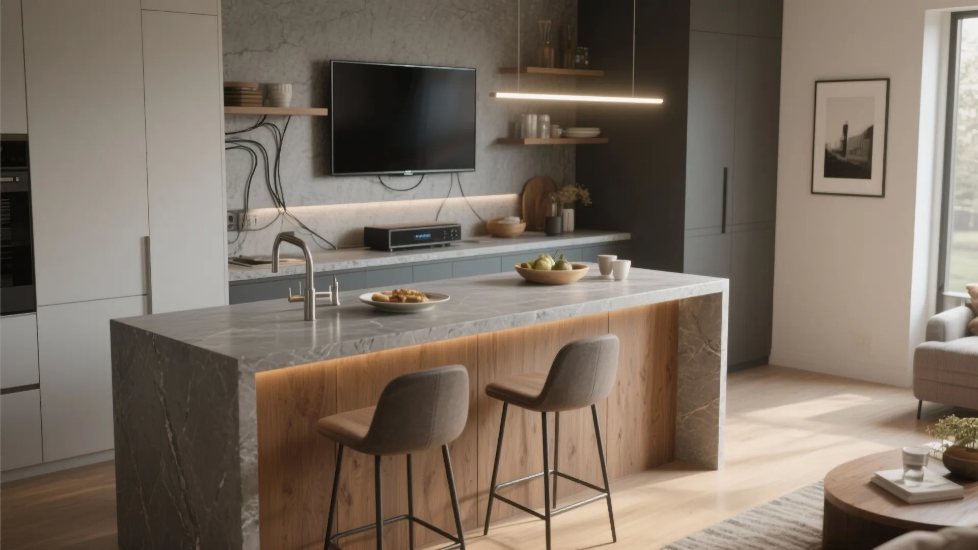 5. Compact island or console as dining + media station