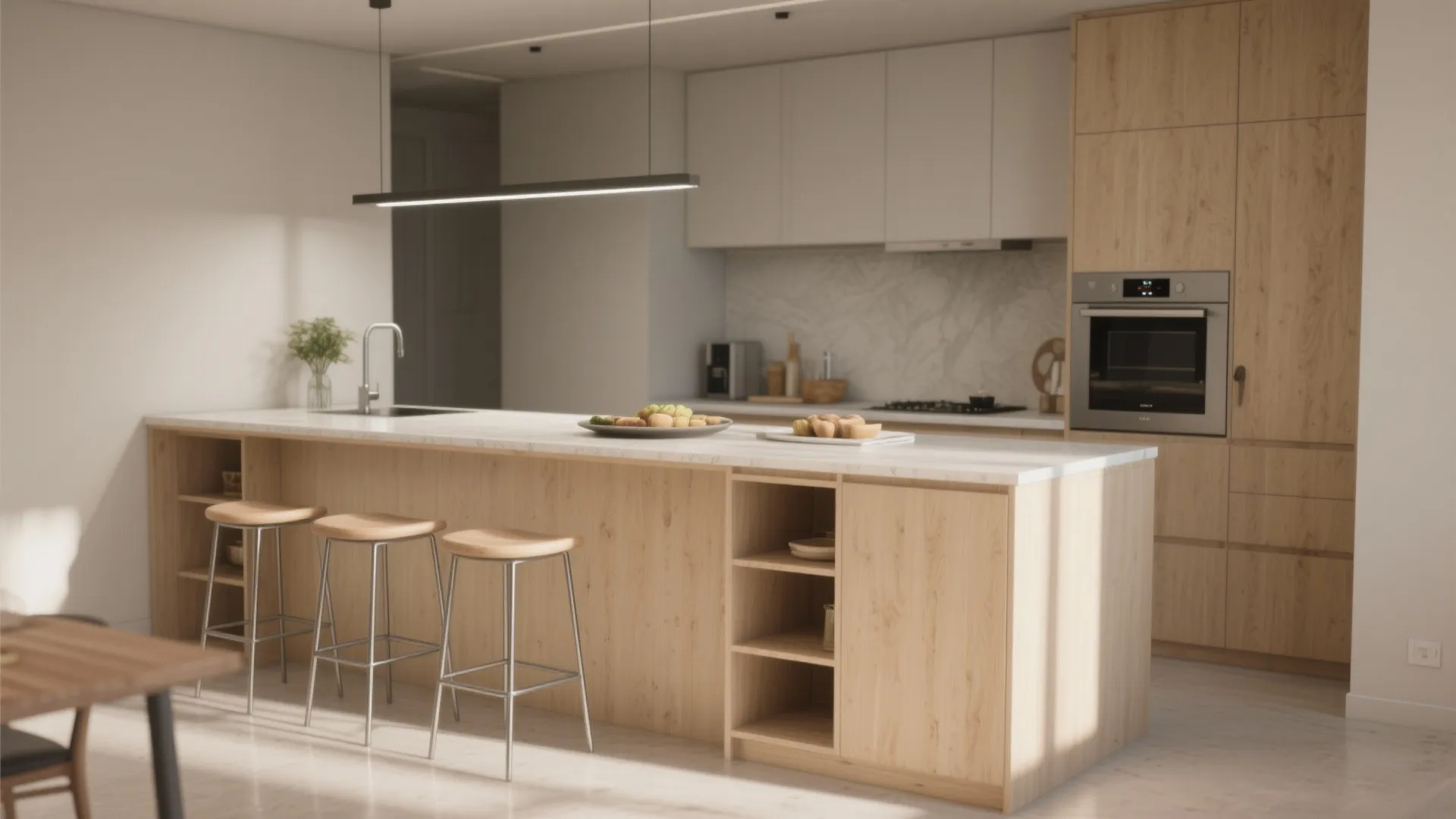 Modern kitchen with wood island three stools black light fixture white cabinets and built-in oven
