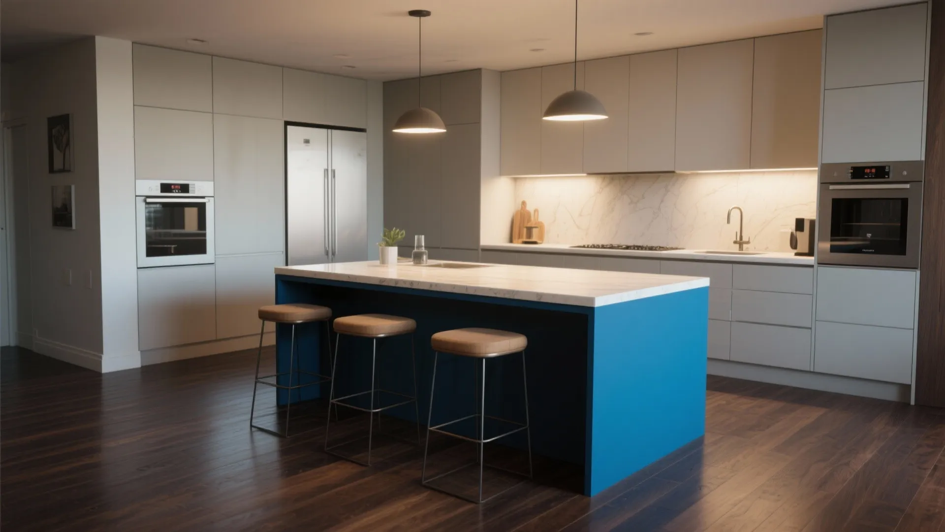 Modern kitchen with blue island white marble countertop grey cabinets wood floor and ceiling light