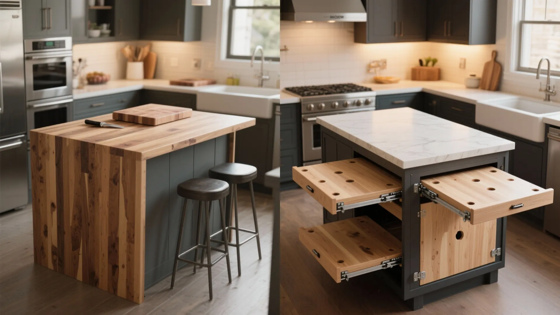 Convertible kitchen island serving as prep surface and MFT workbench with flip-up leaves and dog holes.