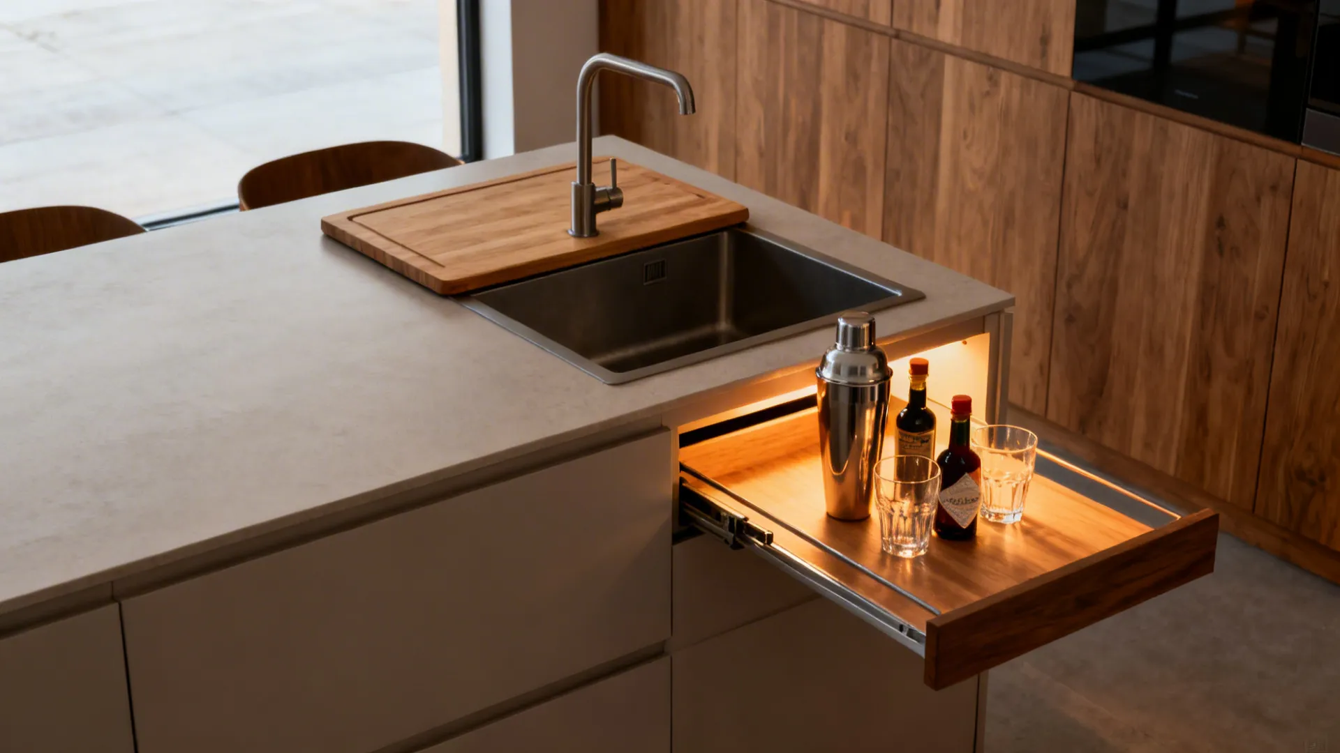 Compact island shown closed for prep and then open with a slide-out mix station and sink uncovered.