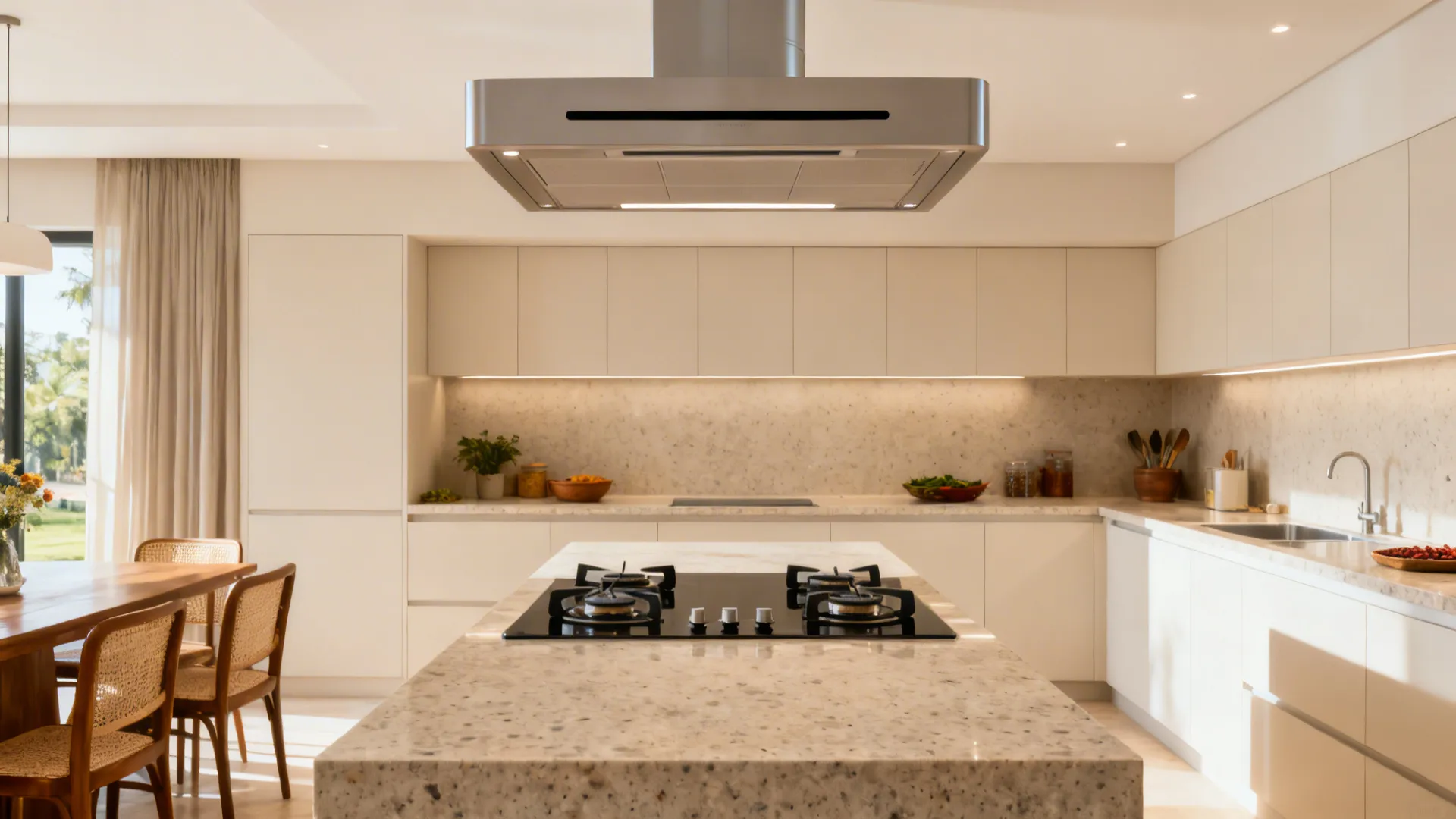 Island cooktop in an Indian kitchen with a ceiling-integrated ducted hood above.