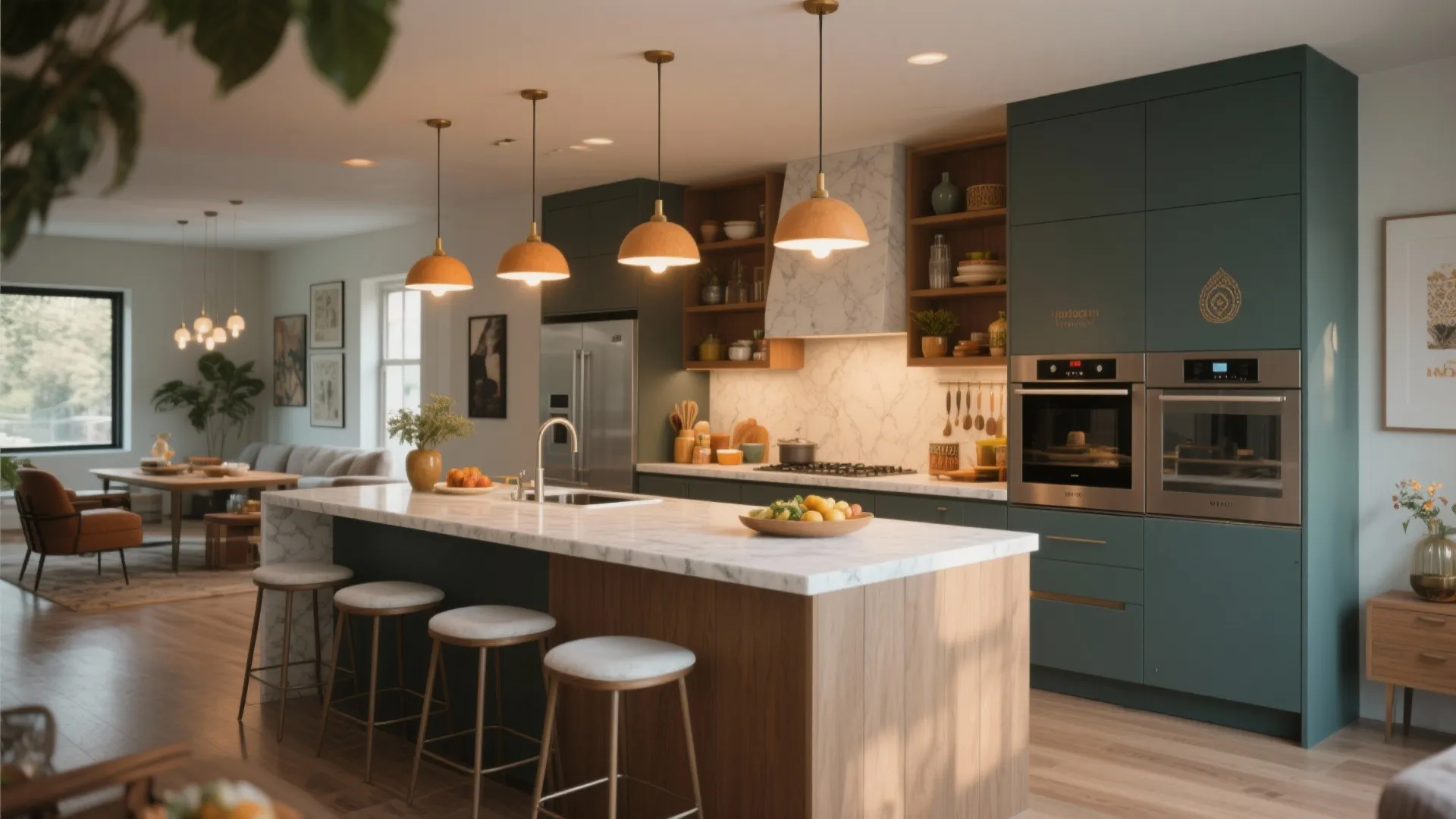 Modern kitchen with green cabinets, marble island, four stools, three orange ceiling lights, and ovens