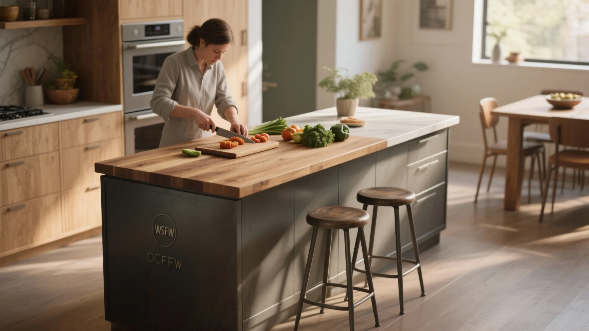 Woman cutting fresh vegetables on large kitchen island with wood top and metal bar stools