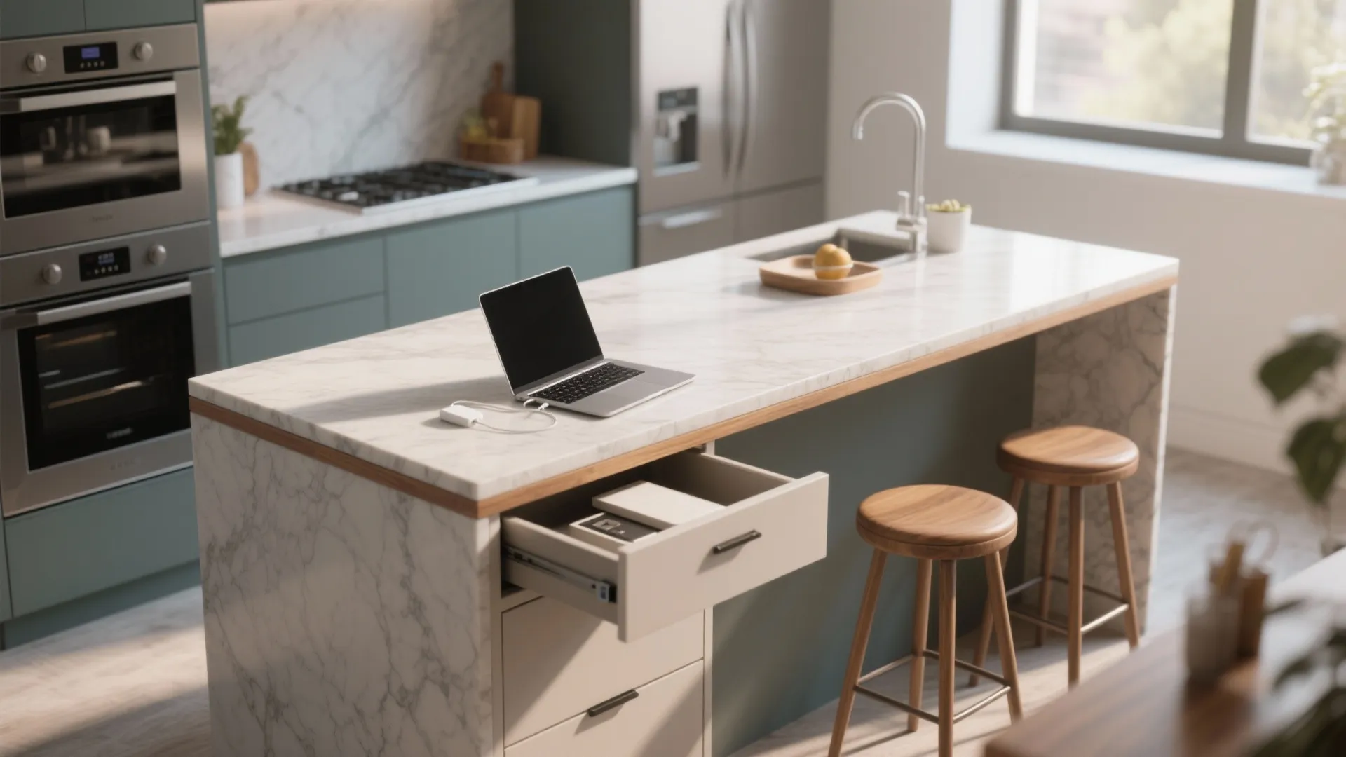 Kitchen island with marble countertop laptop open drawer wooden bar stools and green cabinets in background