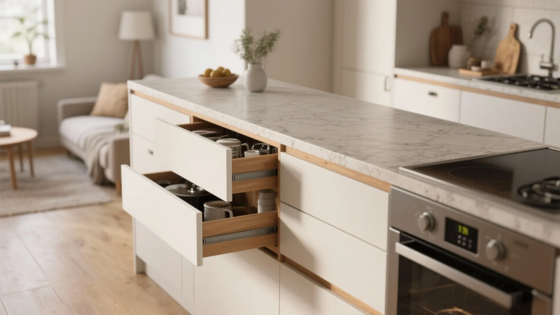 Modern kitchen island with marble countertop featuring open drawers showing organized cups bowls and kitchenware