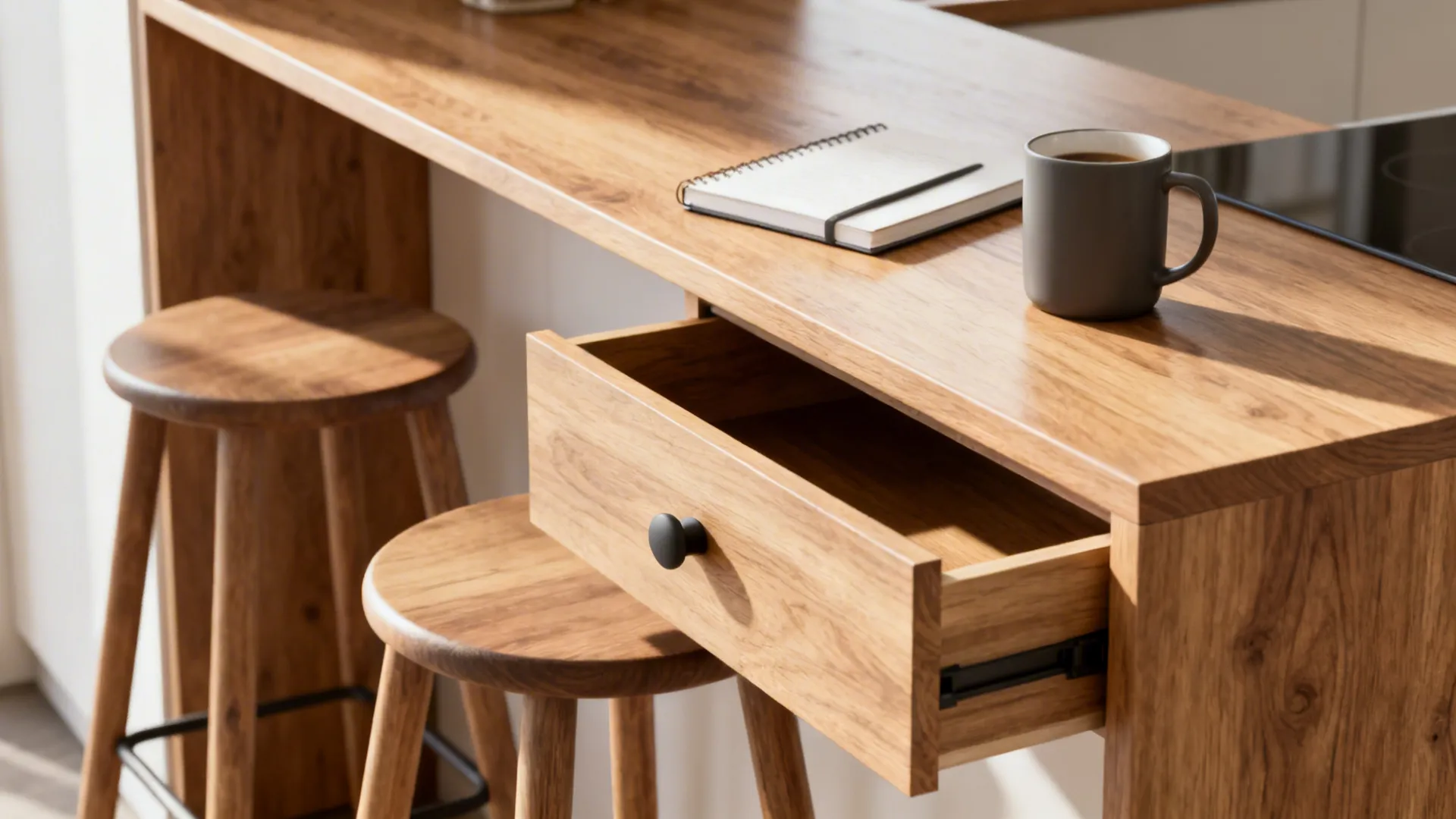 Close-up of a slim kitchen island with shallow drawers and stools, showing wood grain and everyday items.