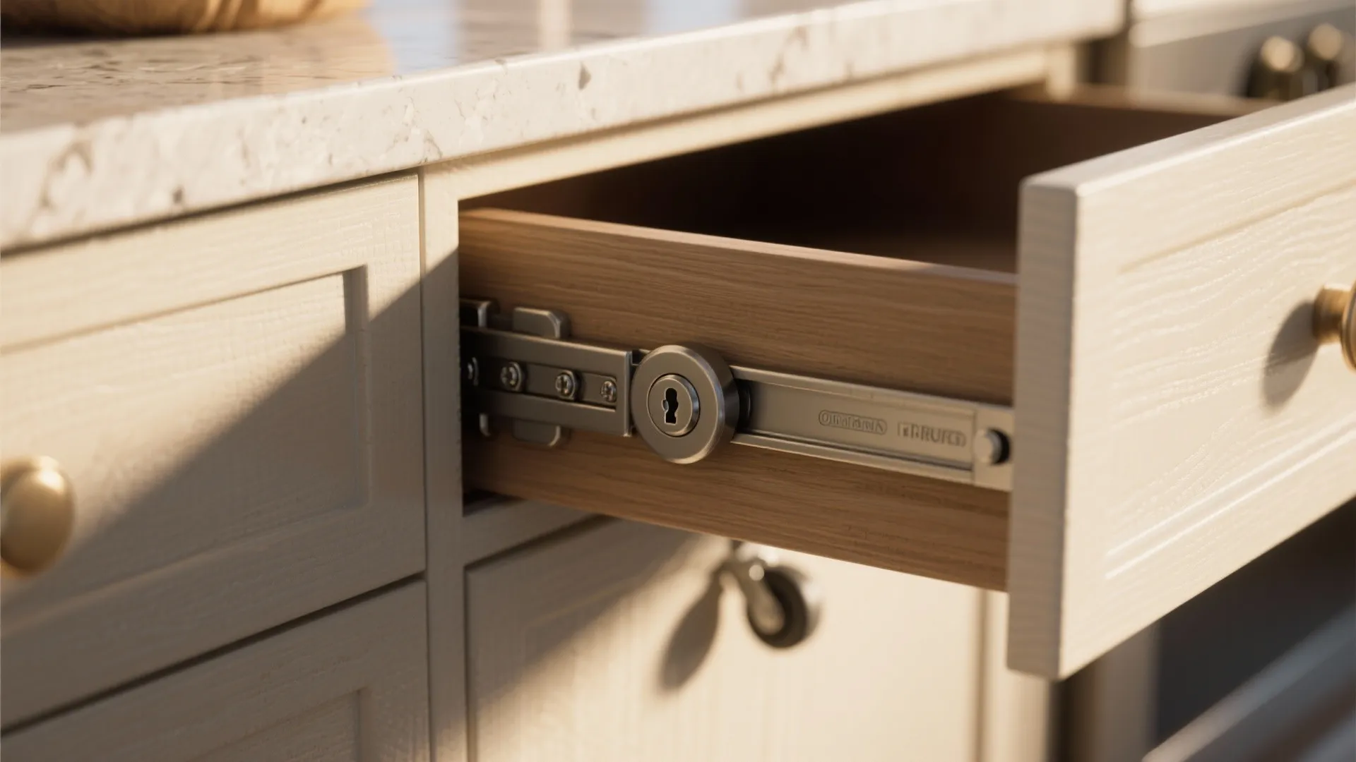 Close-up macro of caster lock, hinge, and countertop edge details for compact islands