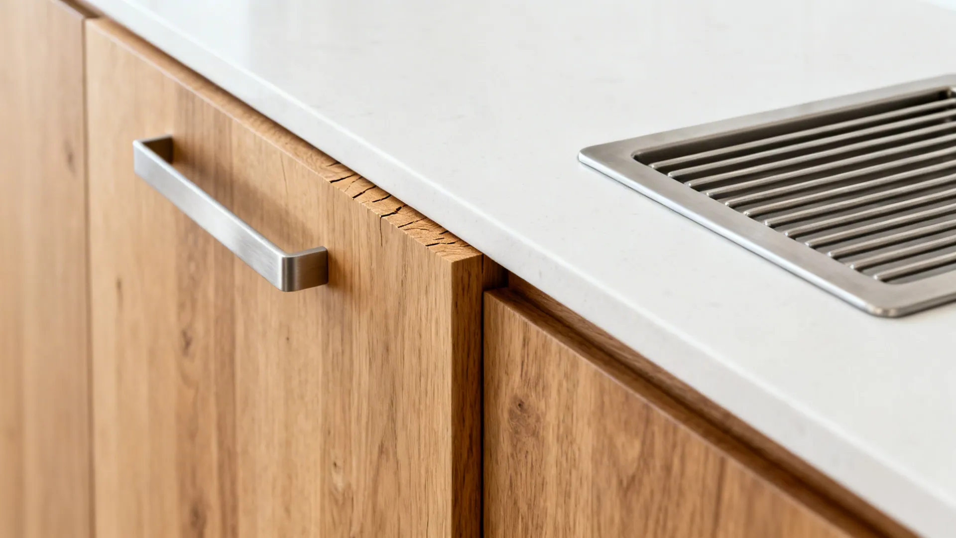 Macro detail of integrated pull, oak veneer, and white quartz with inset trivet.