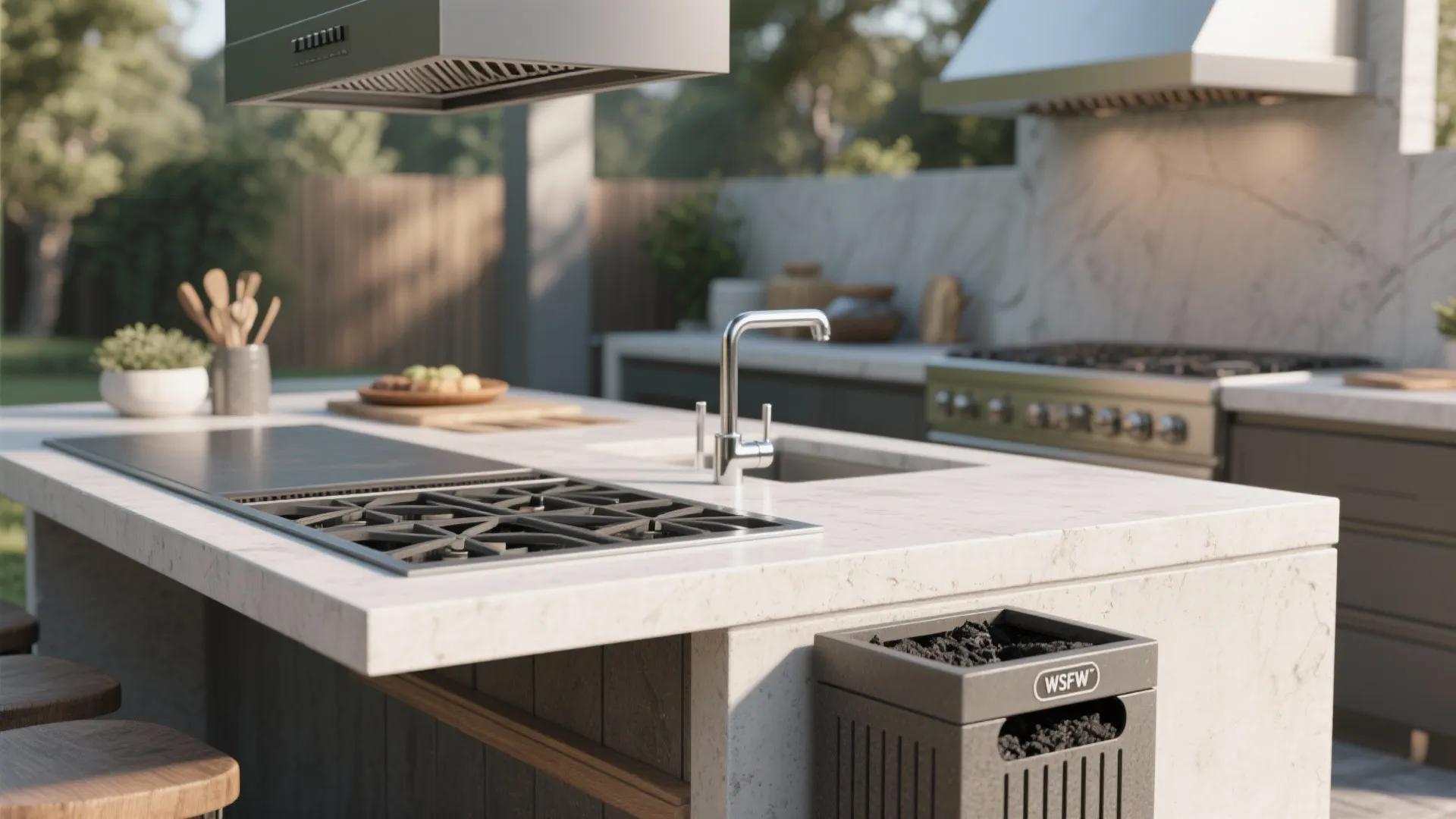 Close-up details: heat-resistant platform, sealed concrete, airtight charcoal bin and outdoor faucet.