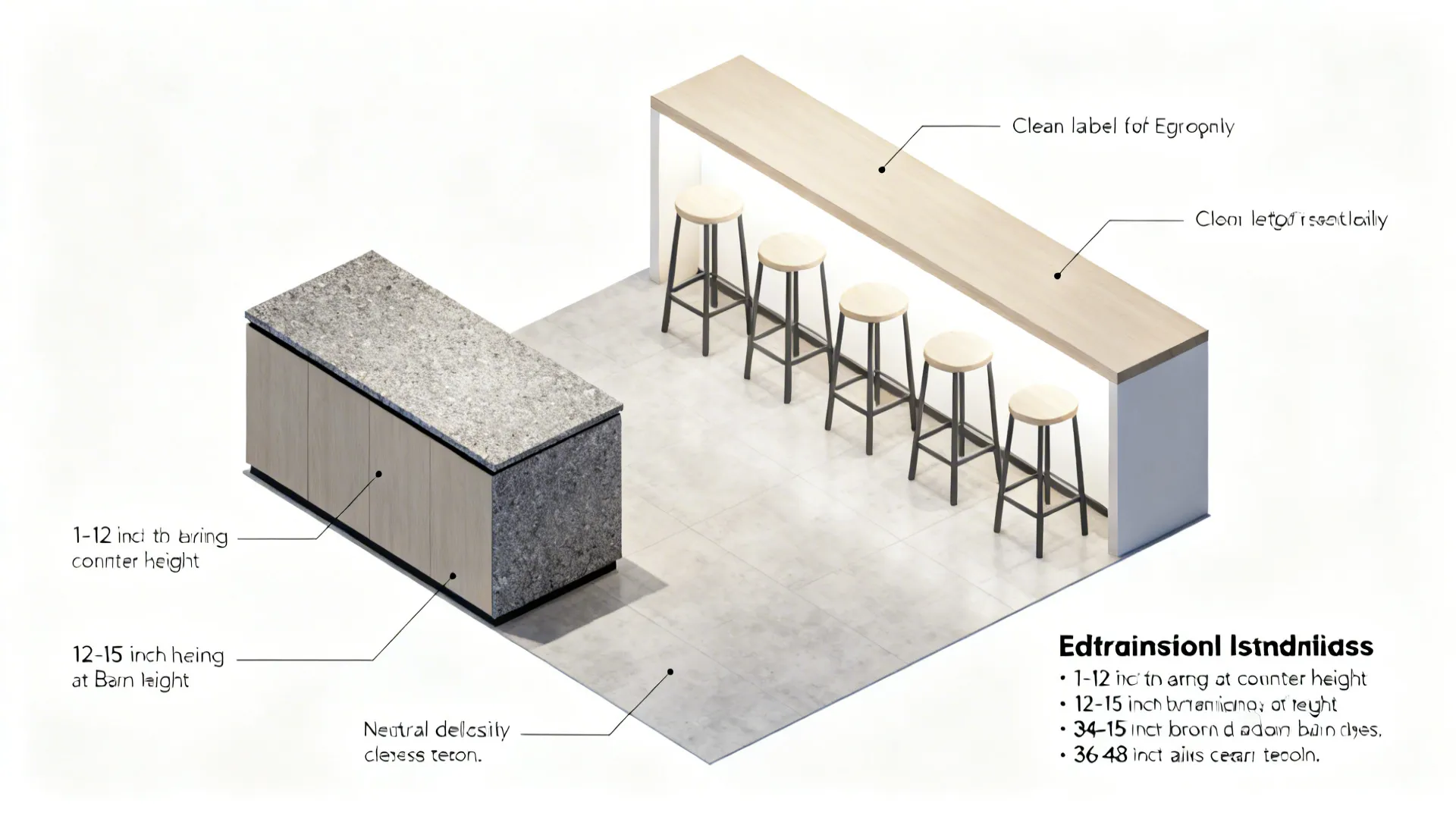 Top-down layout illustrating stool spacing, overhang depths, and aisle clearances.