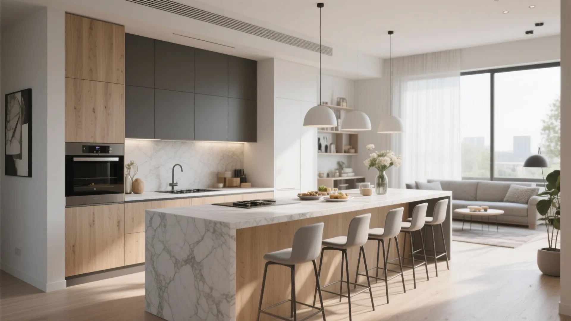 Large marble kitchen island with bar stools next to modern cabinets in open plan home