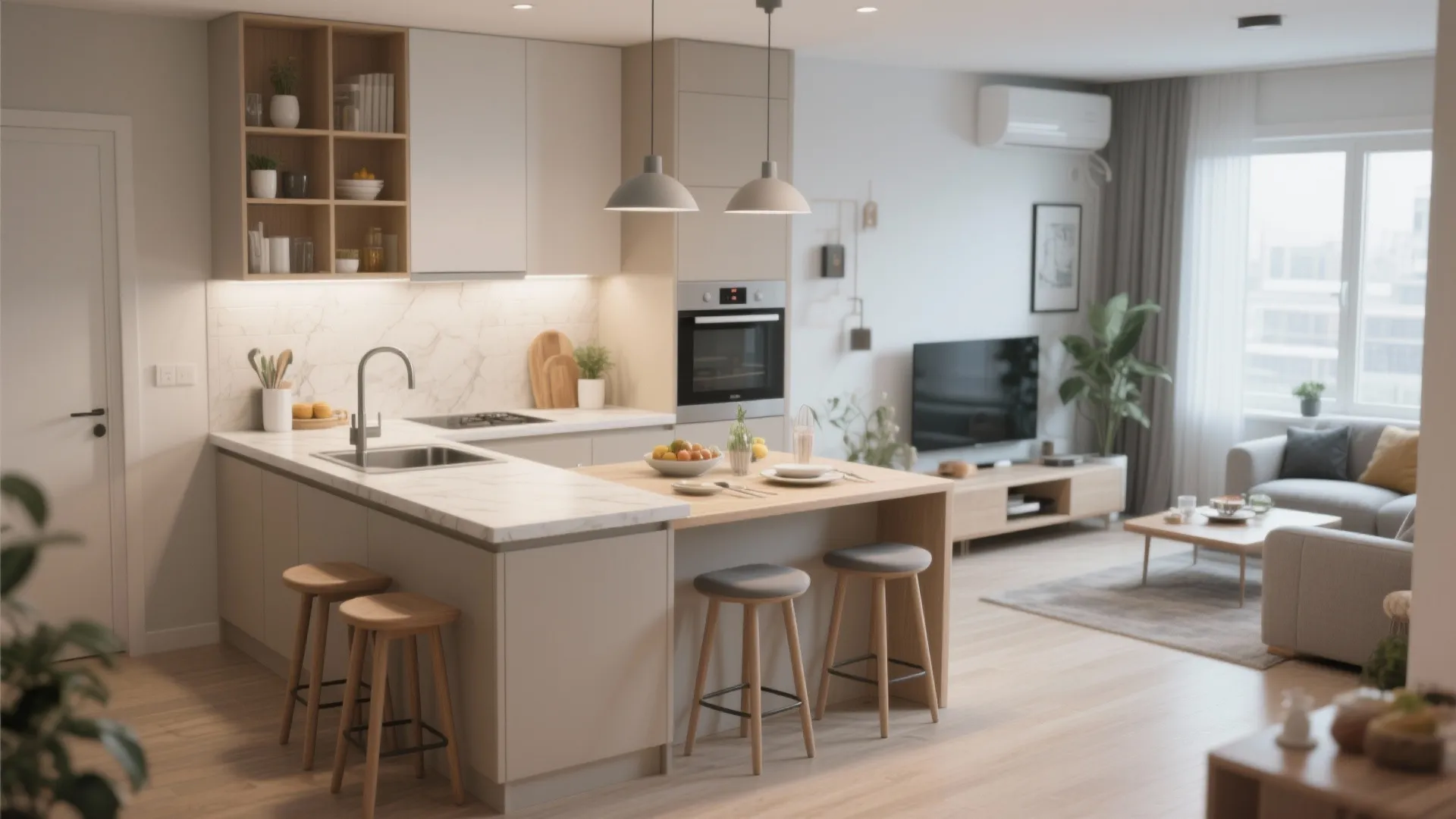 Modern white kitchen with marble island, wooden bar stools, and grey sofa in the living room