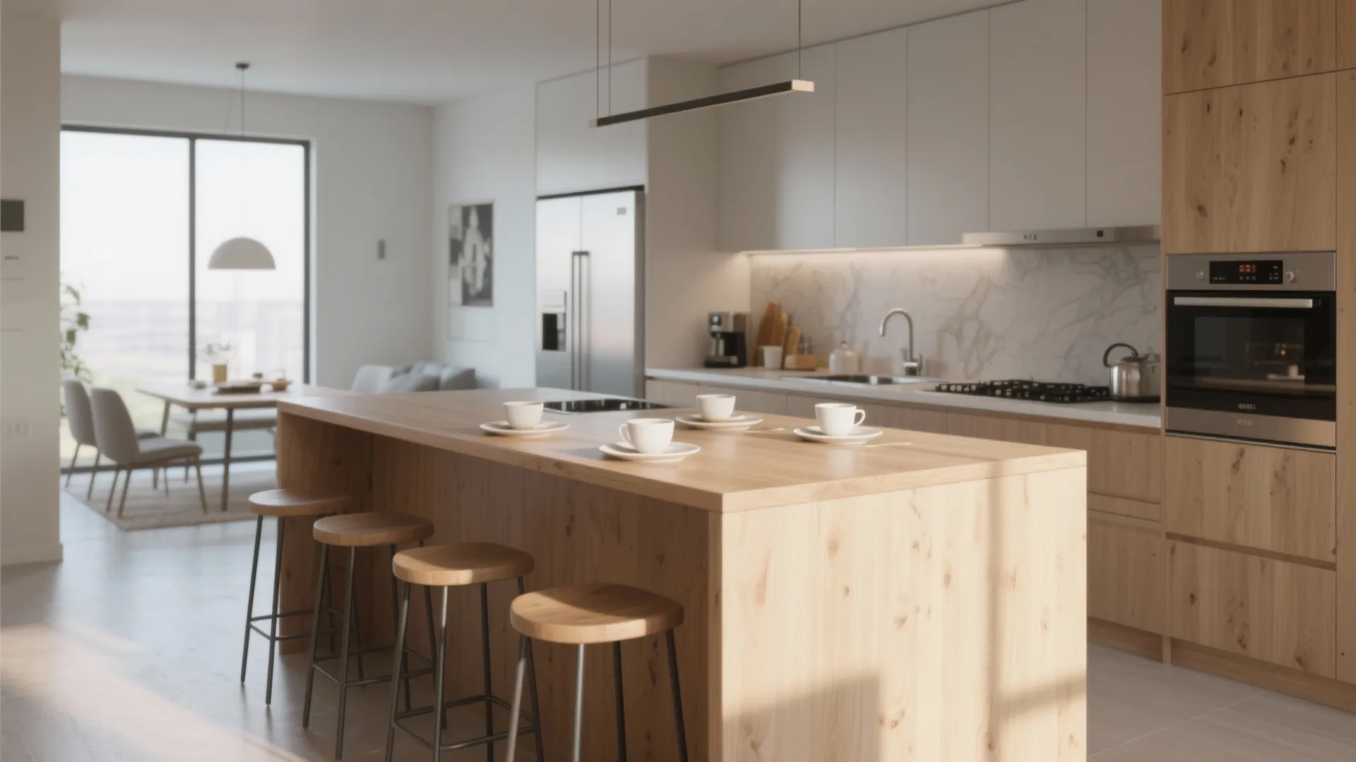 Kitchen island used as a dining table with stools, plates ready, and open-plan flow.