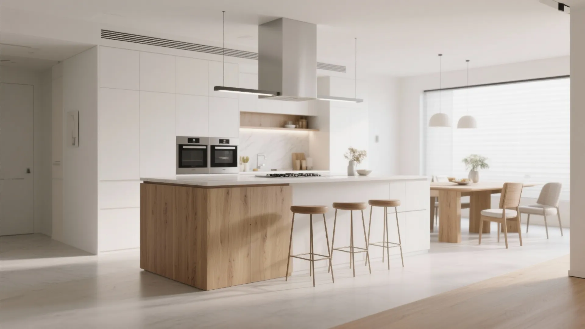 Kitchen island with attached dining space in modern design