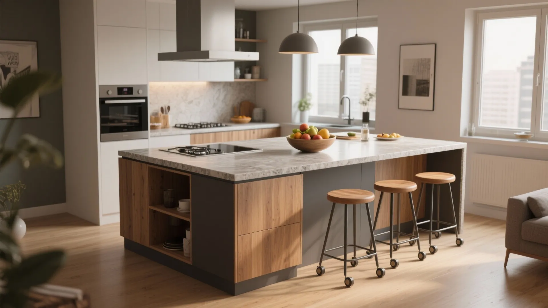 Spacious kitchen with large island counter three wooden stools black light fixtures and bright window view