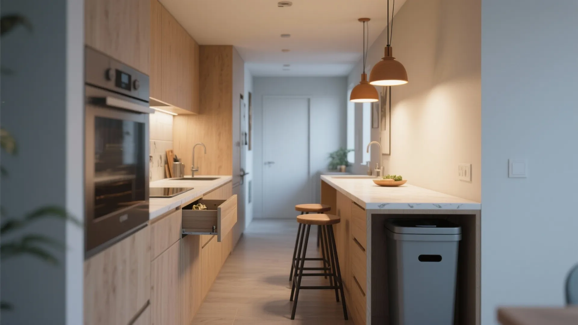 Slim multi-functional island in a compact galley kitchen with storage drawers and two-seat dining