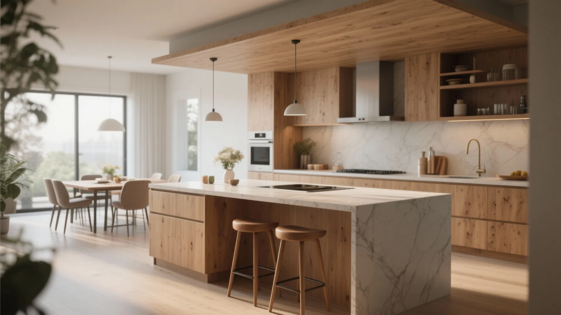 Modern wooden kitchen with large marble island wood cabinets ceiling light and dining table set view