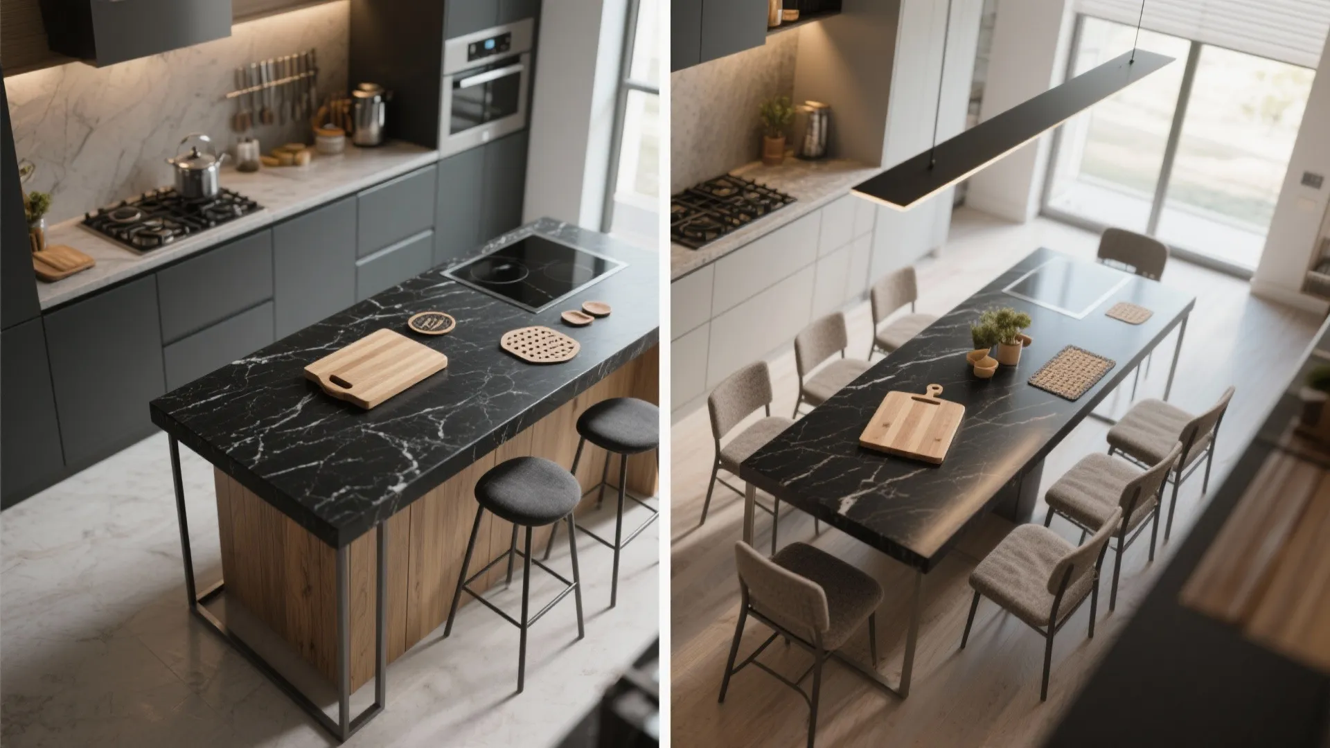 Open-plan kitchen island extended into a black granite dining surface with cantilevered overhang.