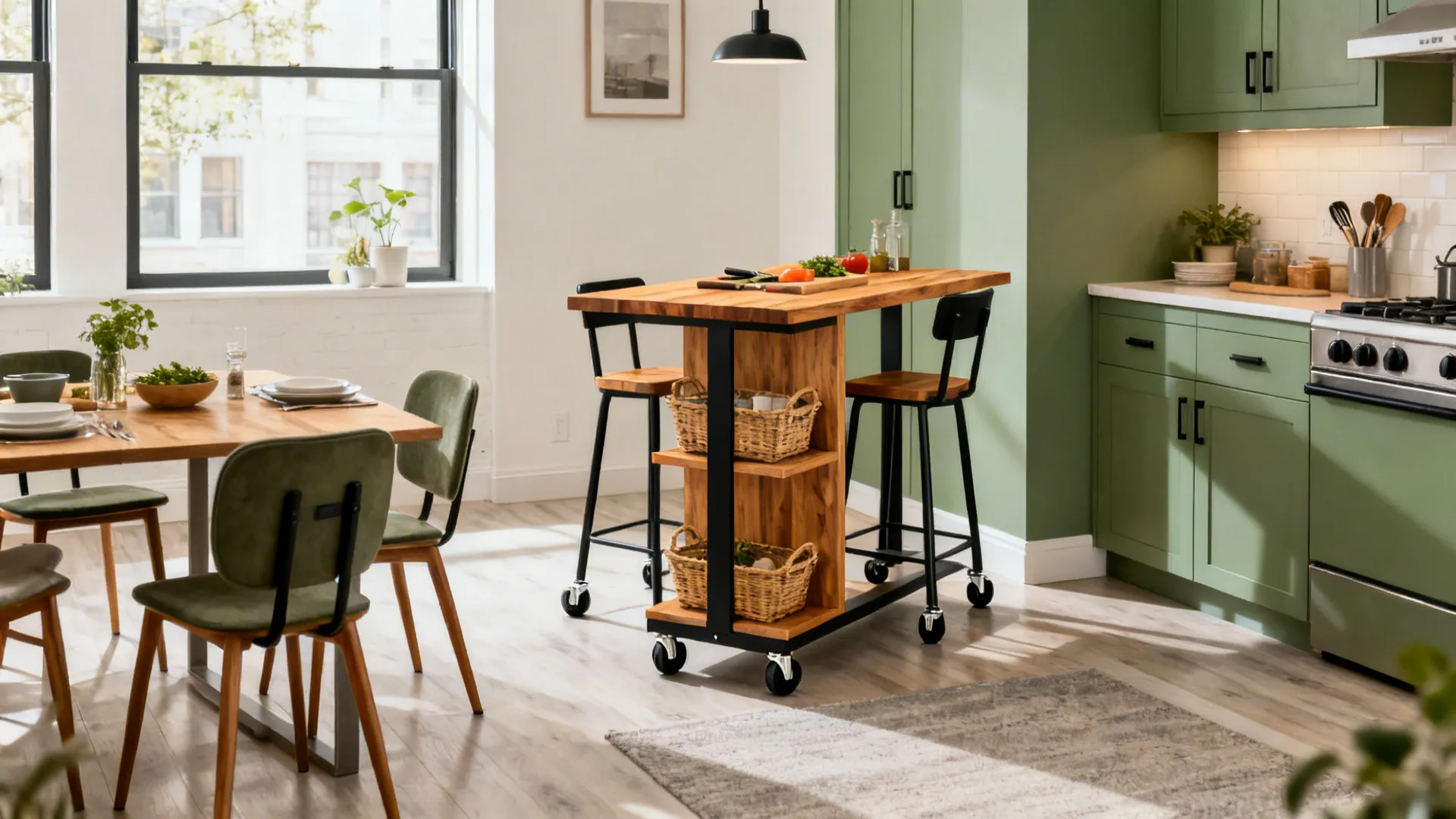 Mobile island on locking swivel casters converted into a dining setup in a studio.