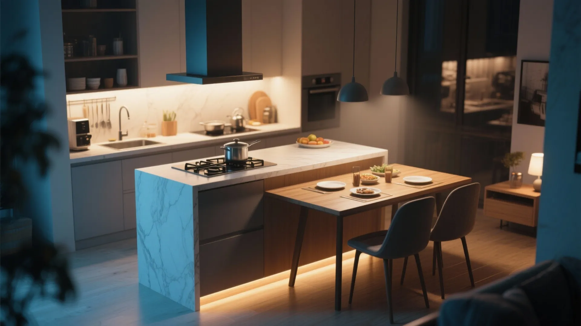 Island counter doubling as dining table