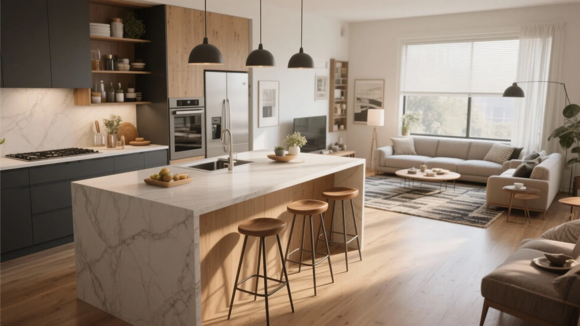 4. Island-as-divider with seating on the living side