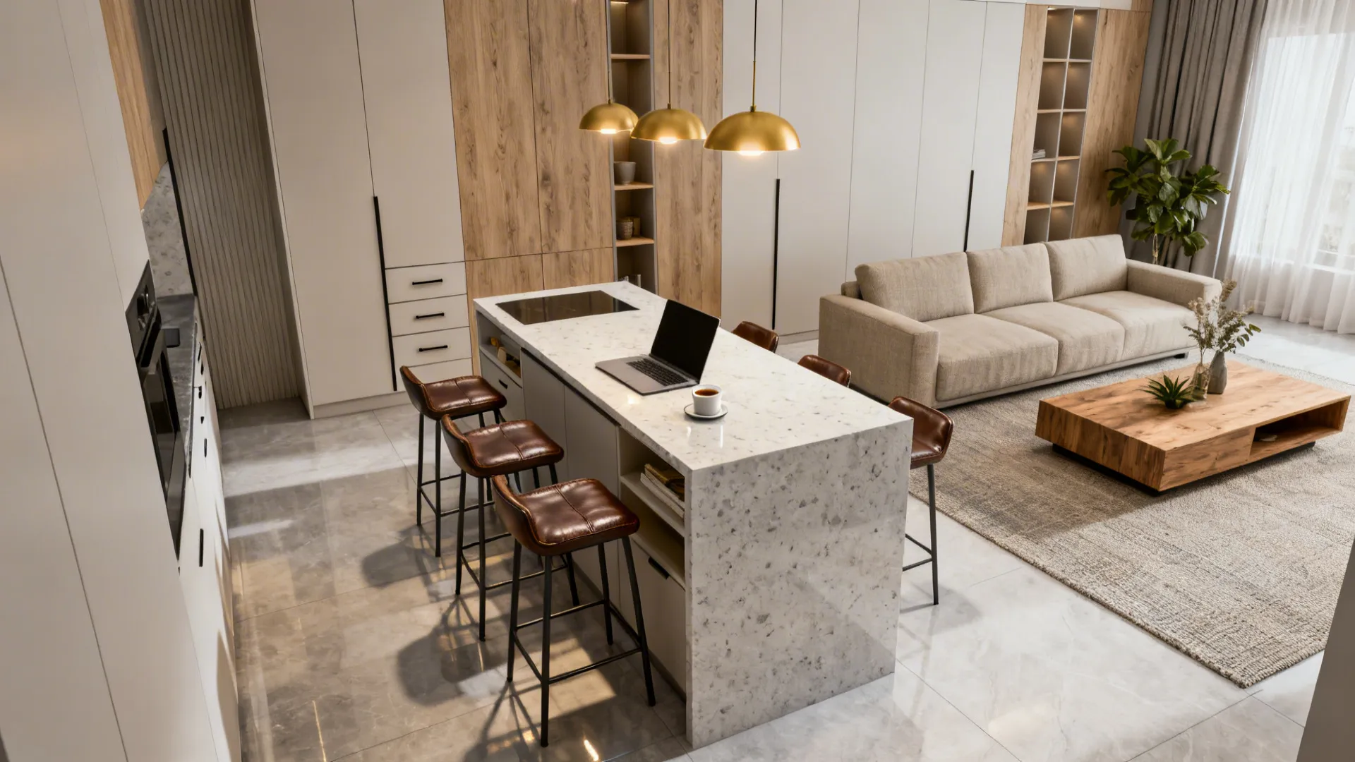 Kitchen island divider with seating and a clear 100–120cm walkway toward the sofa.